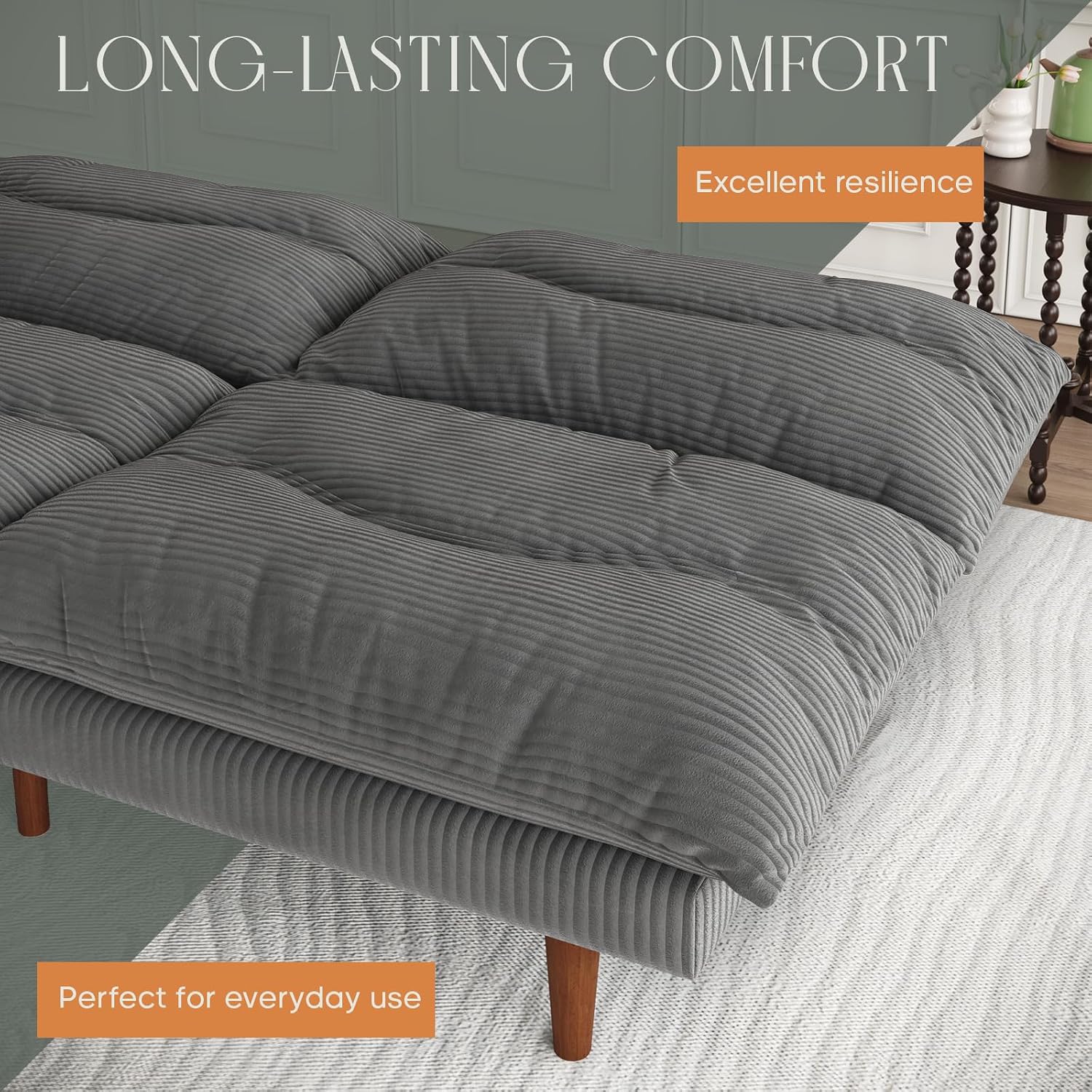 LLappuil Futon Sofa Bed, 69 inch Futon Couch with Adjustable Backrest, Corduroy Convertible Sleeper Sofa Bed, Folding Sleeper Recliner, Loveseat for Apartment, Living Room, Office (Grey)