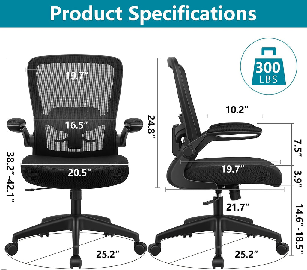 FelixKing Office Chair, Ergonomic Desk Chair Breathable Mesh Chairs Adjustable High Back Lumbar Support Flip-up Armrests, Executive Rolling Swivel Comfy Computer Chairs Home Office Black