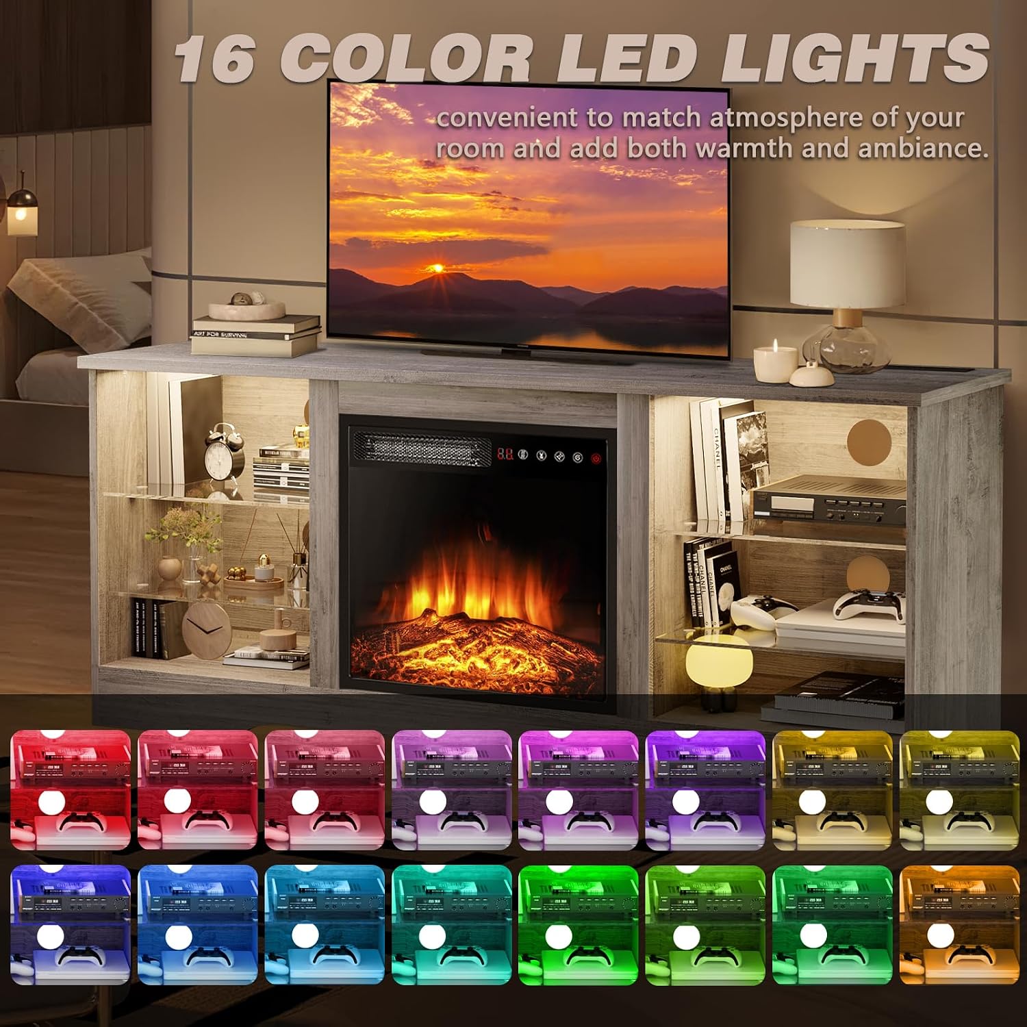 LEMBERI Fireplace TV Stand for up to 65 Inches TVs, LED Modern Entertainment Center with Built-in Electric Fireplace Heater & Adjustable Glass Shelves, Media Console for Living Room, Gray