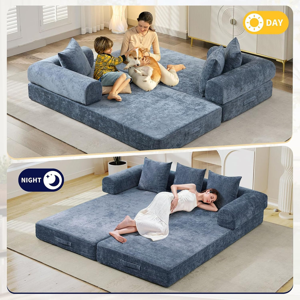 Deolme 3 in 1 Convertible Futon Sofa Bed, Modern King Size Chenille Loveseat Sleeper Sofa Folding, 3-Seater Foldable Lounger Couch Bed for Living Room, Bedroom Guest Room (Blue, 3 Throw Pillows)