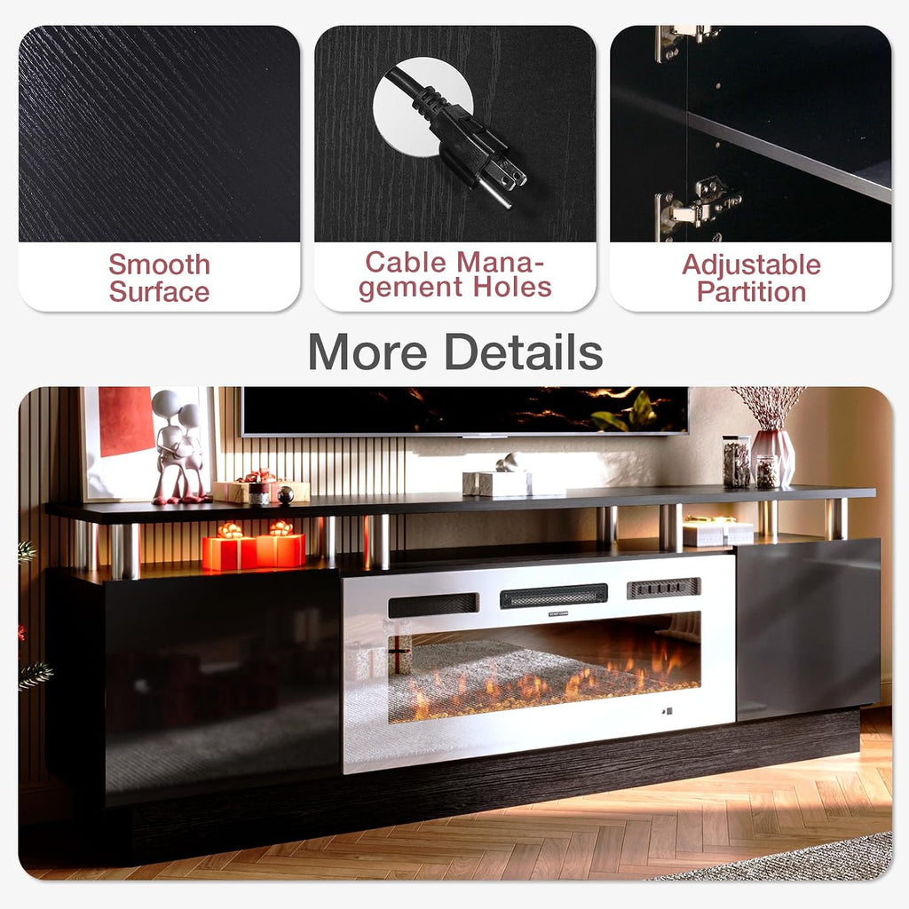 oneinmil Fireplace TV Stand with 36' Electric Fireplace, 70' 2 Tier TV Console Stand for TVs Up to 80', LED Light Entertainment Center, Fireplace for The Living Room TV Stand, Black