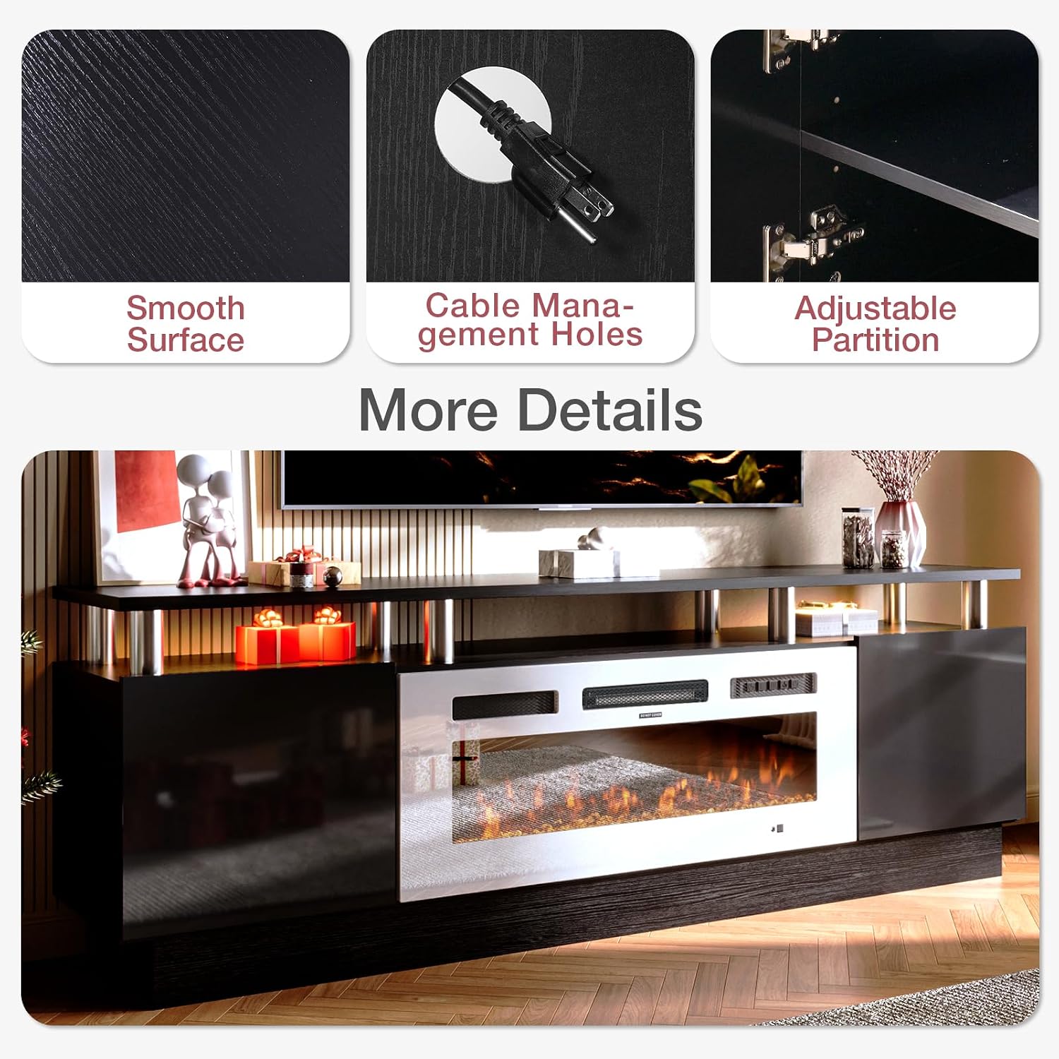 oneinmil Fireplace TV Stand with 36' Electric Fireplace, 70' 2 Tier TV Console Stand for TVs Up to 80', LED Light Entertainment Center, Fireplace for The Living Room TV Stand, Black