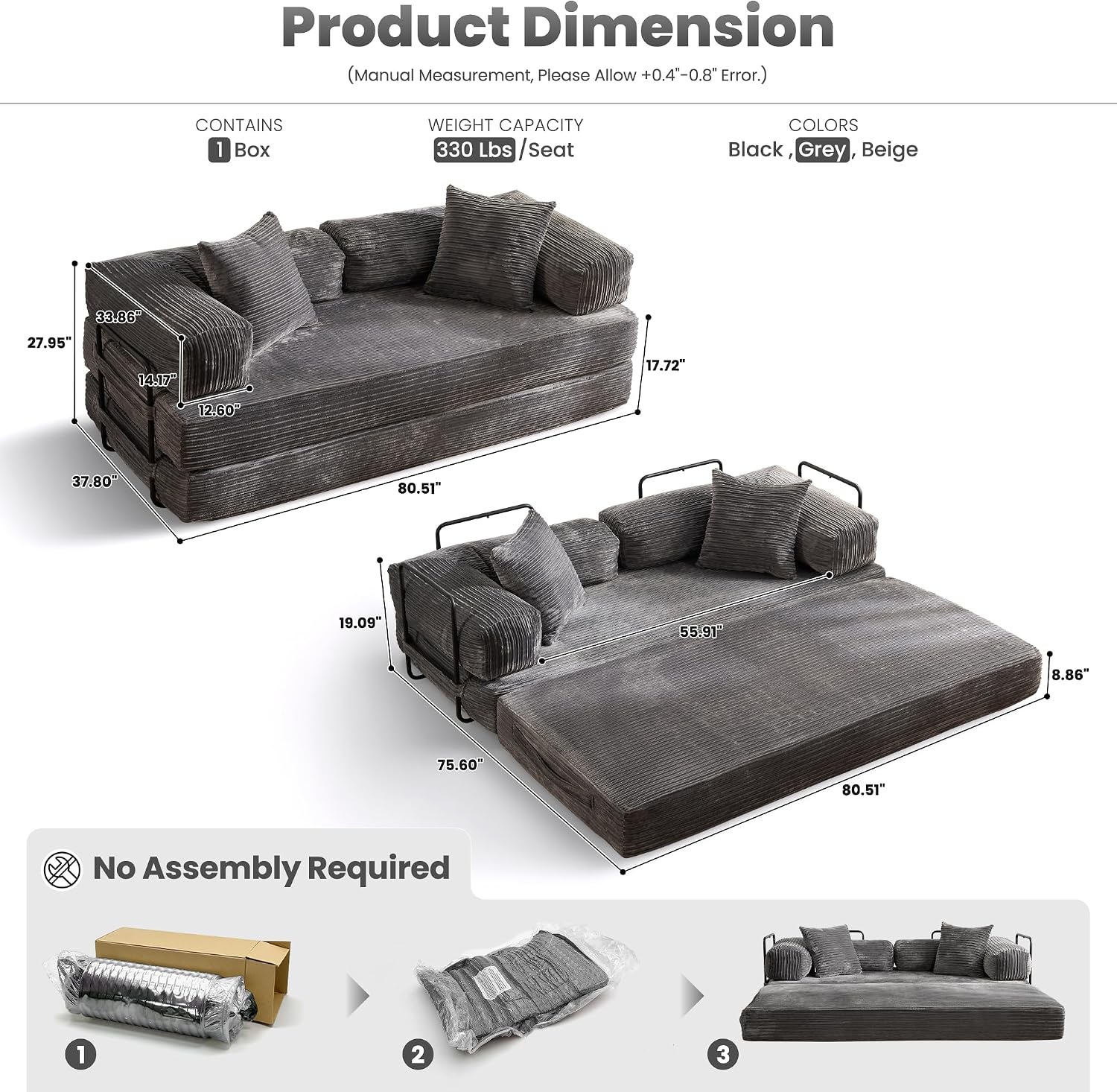 ovios 81' Folding Sofa Bed, Foldable Sleeper Boneless Couch with Pull Out Beds, Modular Convertible Floor Futon Loveseat Lounger for Living Room (Corduroy, Grey)