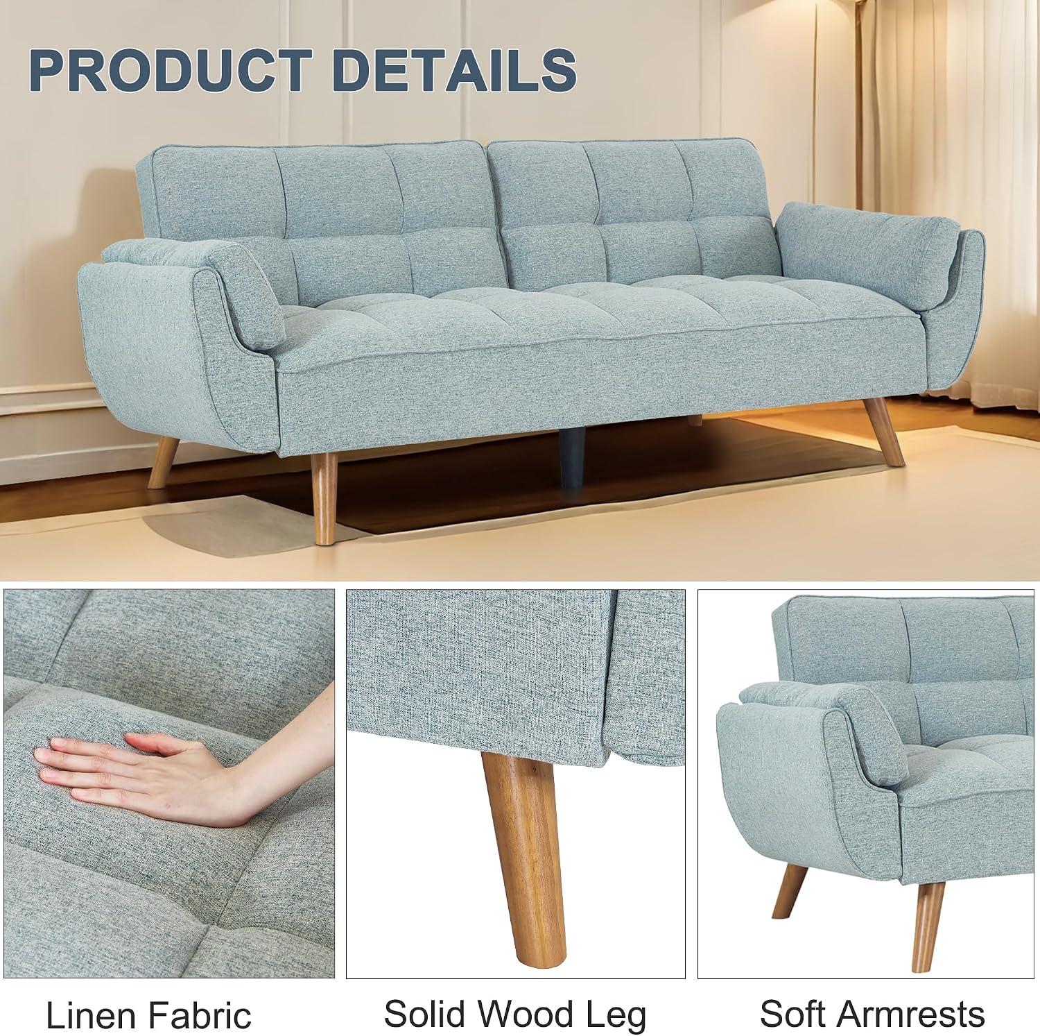 Convertible futon Sofa Bed, Sleeper Sofa Bed with Adjustable backrest, Small Space Small Sofa, Living Room, Bedroom (Light Gray)
