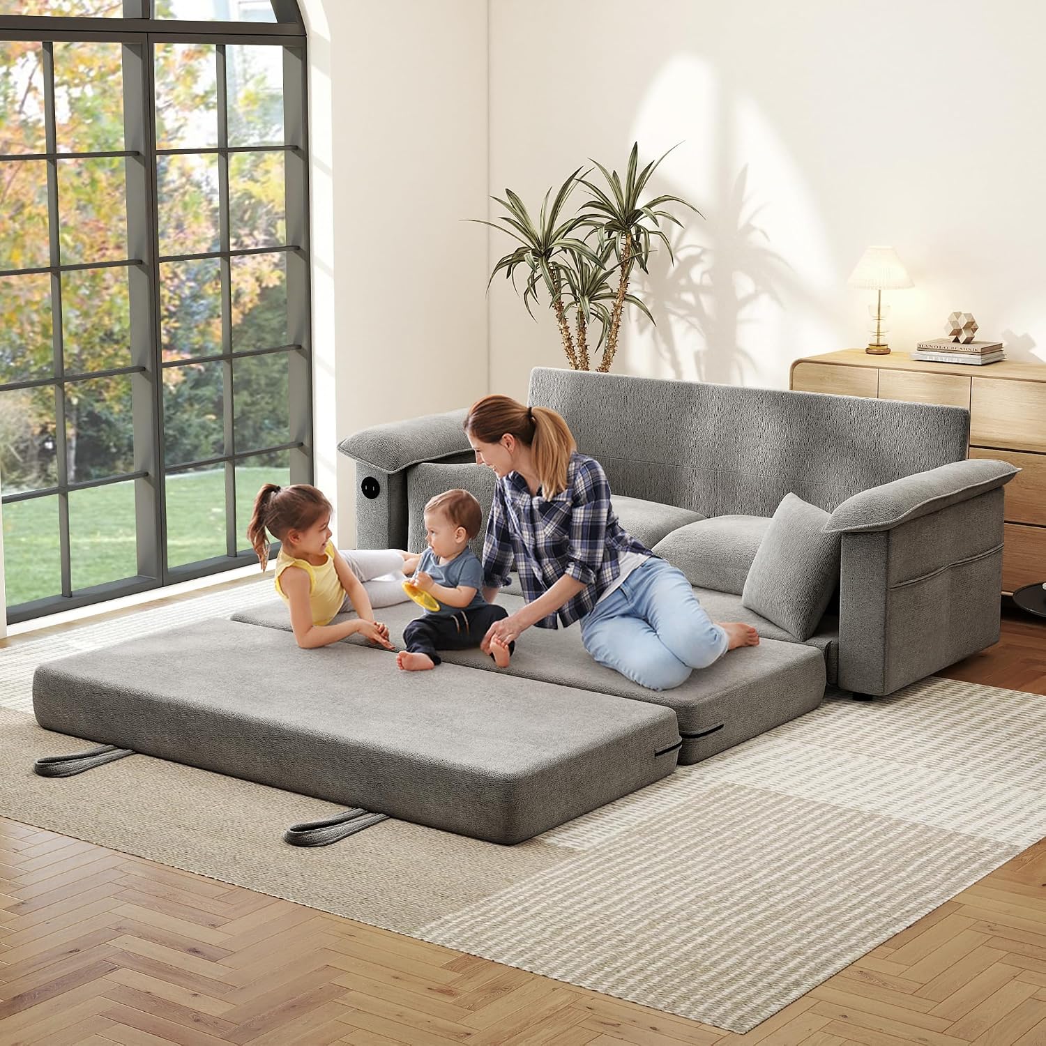 SUNWAVE 77' Sleeper Sofa Convertible Sofa Bed with USB Ports & Side Pockets, Chenille Loveseat Pull Out Couch with Full Size Sleeping Area, Folding Sofa Bed for Living Room & Small Spaces (Gray)