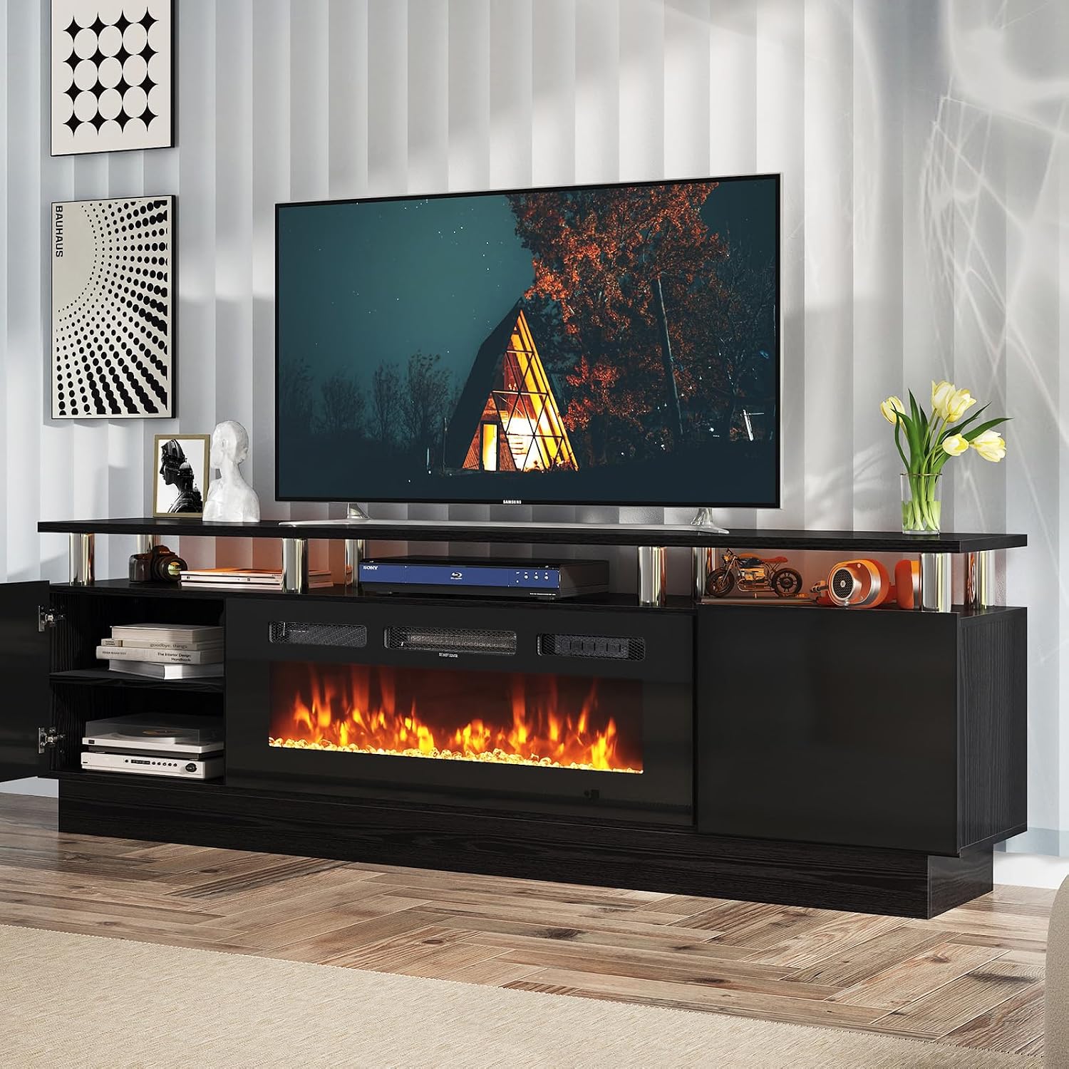 oneinmil Fireplace TV Stand with 36' Electric Fireplace, 2 Tier TV Console Stand for TVs Up to 90'', LED Light Entertainment Center, Fireplace for The Living Room TV Stand, Black, 80''