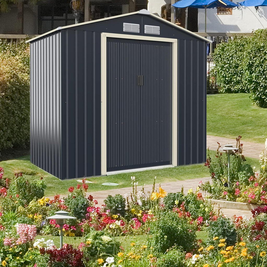 Giantex Outdoor Storage Shed with Double Sliding Door, Galvanized Metal Garden Storage Room, Front and Back Vent, Weather Resistant Tool Storage Shed for Backyard, Patio, Lawn (7 x 4 FT)
