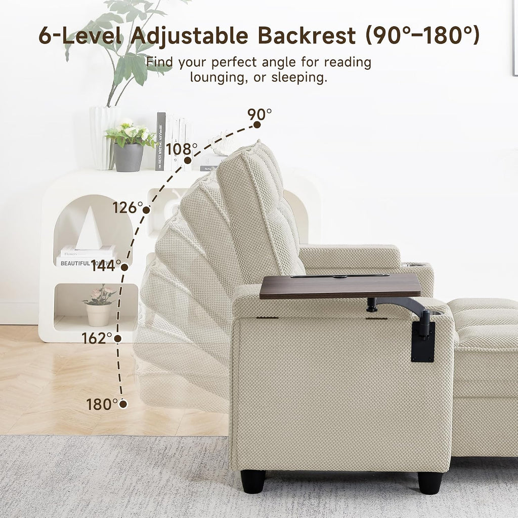 41.7' Oversized Chaise Lounge Chair Indoor, Boucle Upholstered Sofa Bed with Adjustable Backrest, Deep Seat Reading Chair, Sofas Couches for Living Room, Storage, Cup Holders & 360° Swivel Side Table