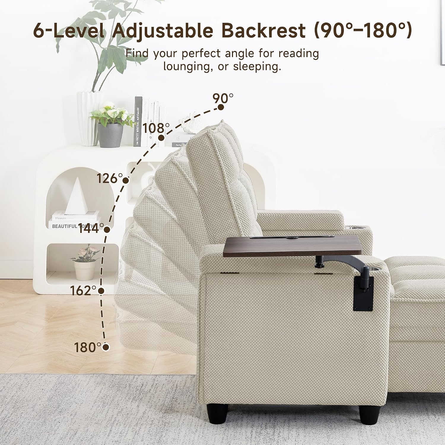 41.7' Oversized Chaise Lounge Chair Indoor, Boucle Upholstered Sofa Bed with Adjustable Backrest, Deep Seat Reading Chair, Sofas Couches for Living Room, Storage, Cup Holders & 360° Swivel Side Table