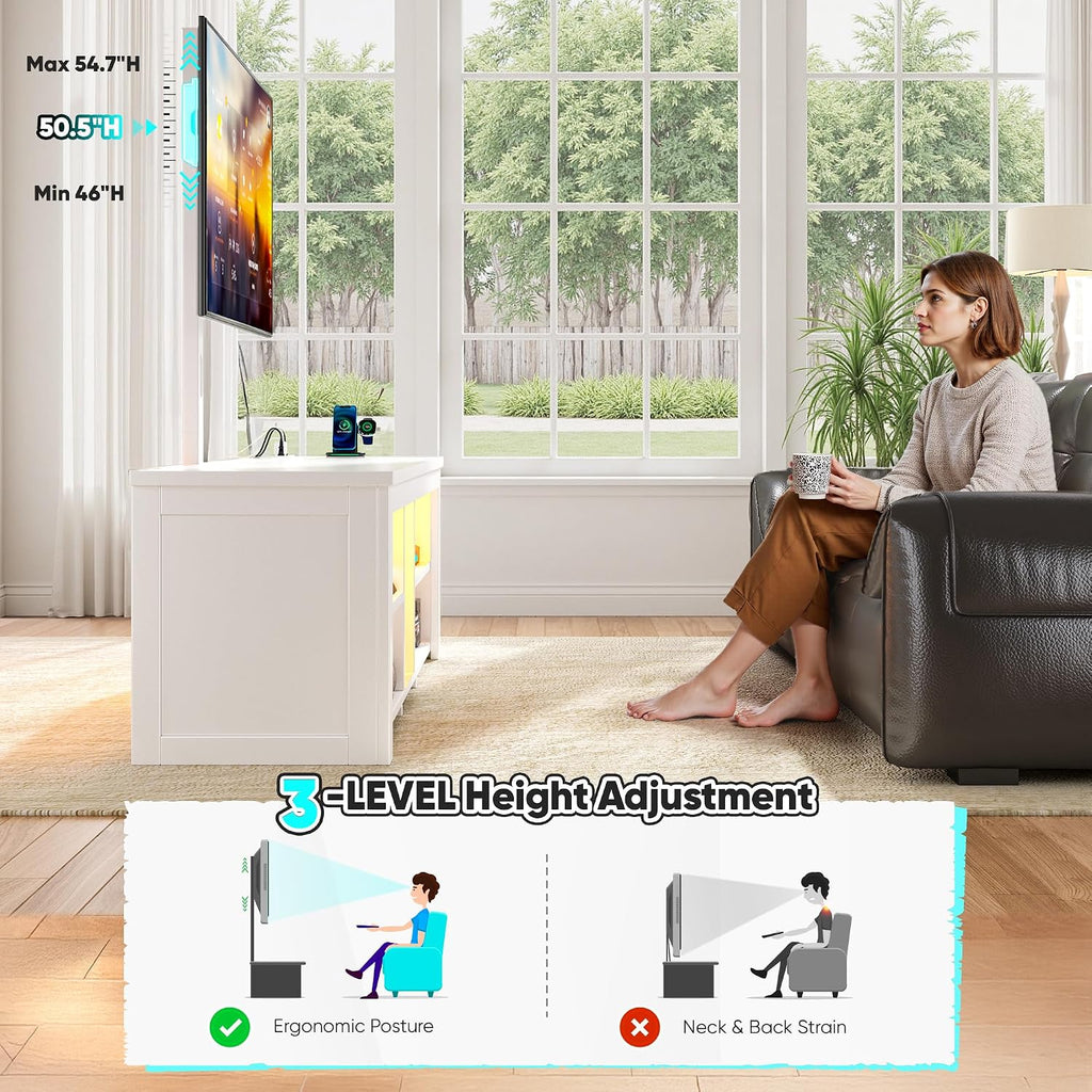 TV Stand with Mount for 55/65/70 Inch TVs Wood TV Stands for Living Room with Power Outlet & LED Lights Entertainment Center Gaming Console for Bedroom, Height Adjustable Swivel TV Mount, White
