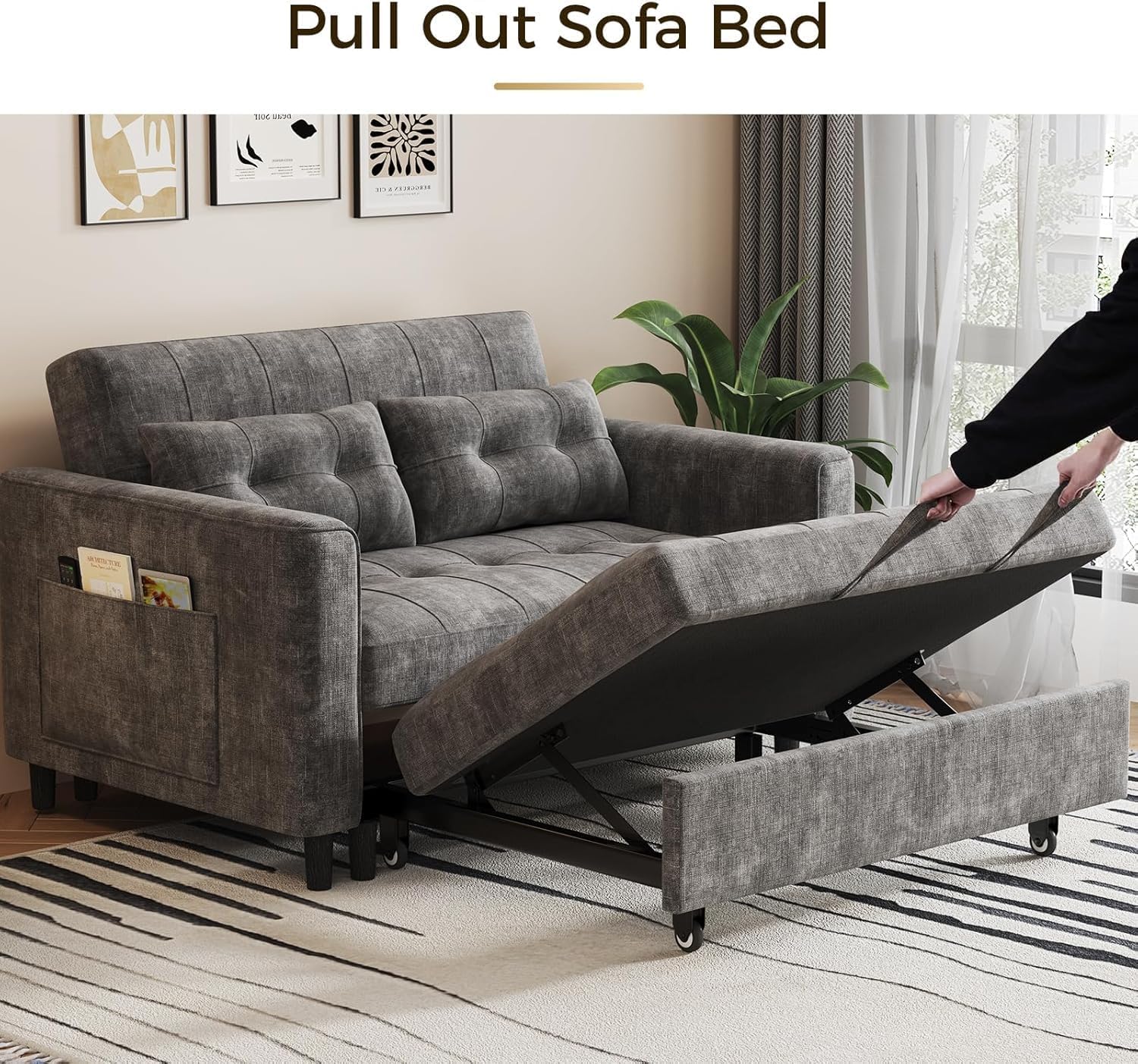 KKL 3 in 1 Convertible Sleeper Sofa Bed, Pull Out Couch Bed with Adjustable Backrest, Chenille Loveseat Couches with Side Pocket,Futon Sofa Beds Couch for Living Room, Bedroom,(Dark Grey)