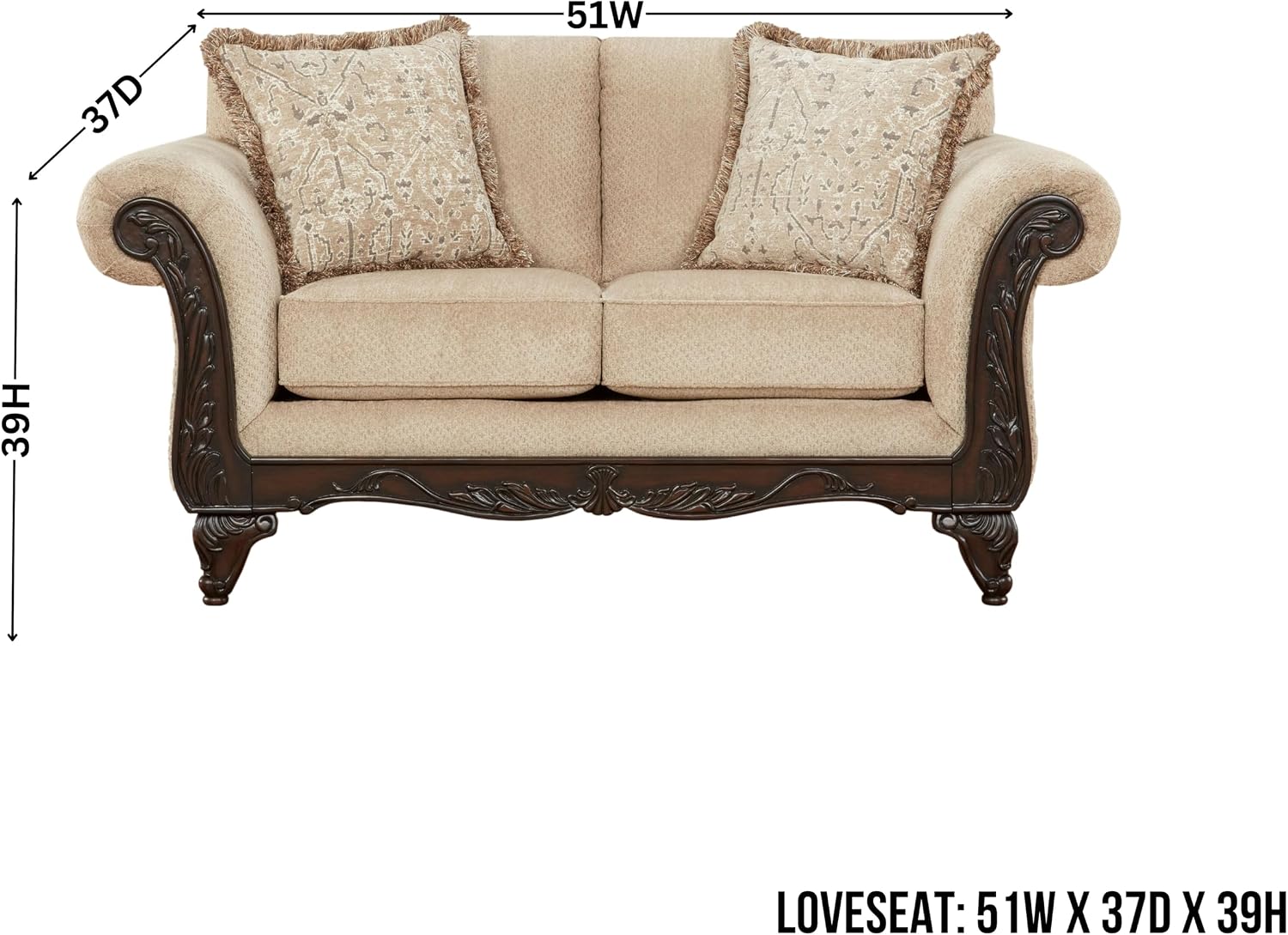 Hernen 2-Piece Living Room Set, Carved Wood Frame Sofa and Loveseat, Beige Wheat