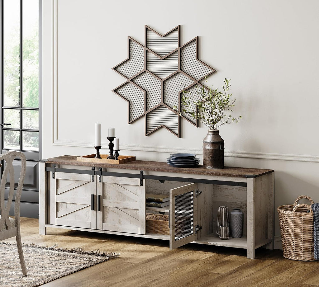 WAMPAT Farmhouse TV Stand for ups to 75 inch TV, Wooden Entertainment Center with Mesh Barn Doors, Media Console with Storage Shelf for Living Room Bedroom, Rustic Oak and White