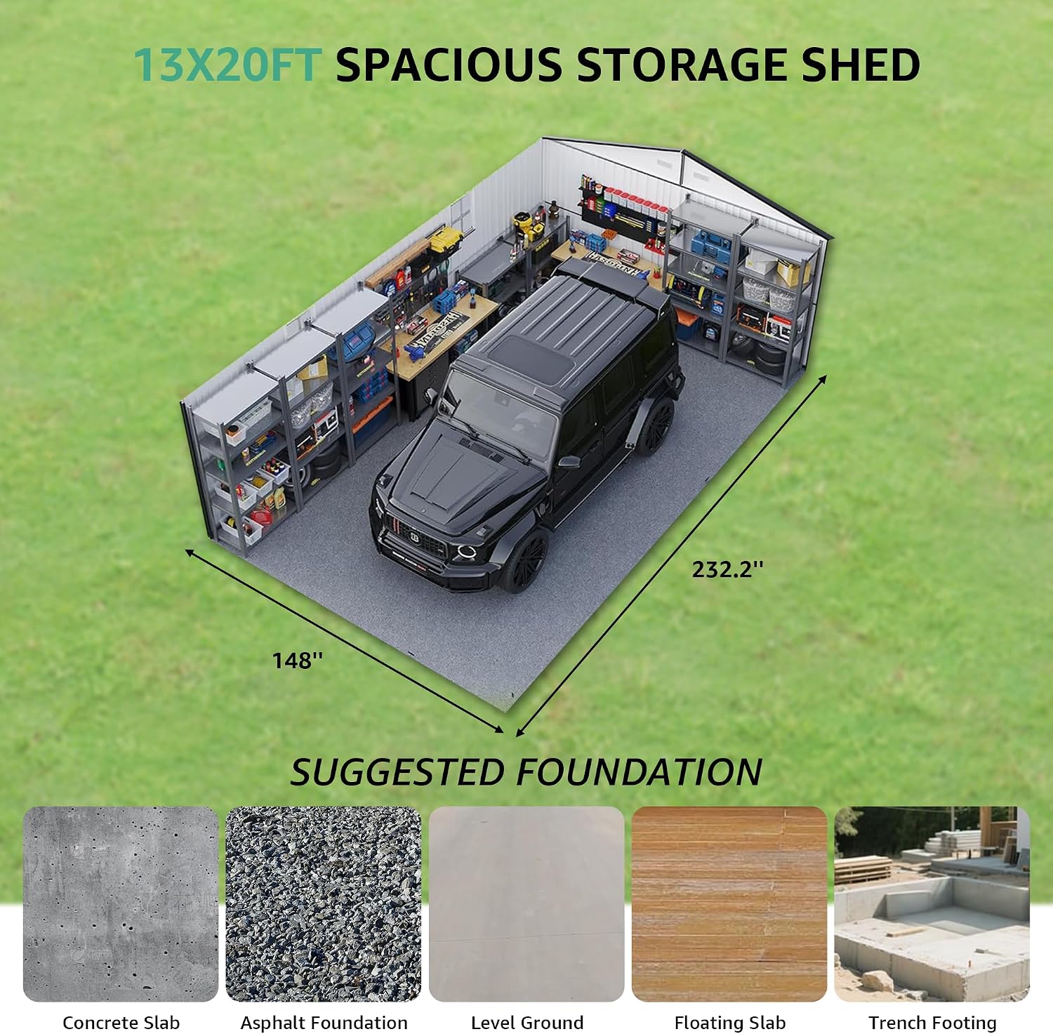 13x20ft Outdoor Storage Shed, Metal Storage Shed Heavy Duty, Large Garage Shed with 2 Doors 4 Vents 2 Translucent Roof