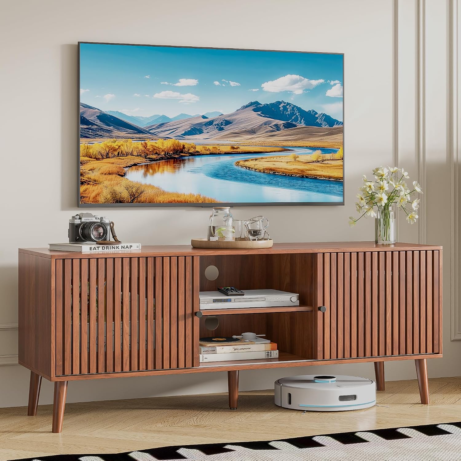 Oubayajia Mid Century Modern TV Stand for Televisions up to 60 Inches, with Sliding Doors and Storage, Television Stands, TV Consoles, Media Consoles for Living Room(Walnut-51.2inch)