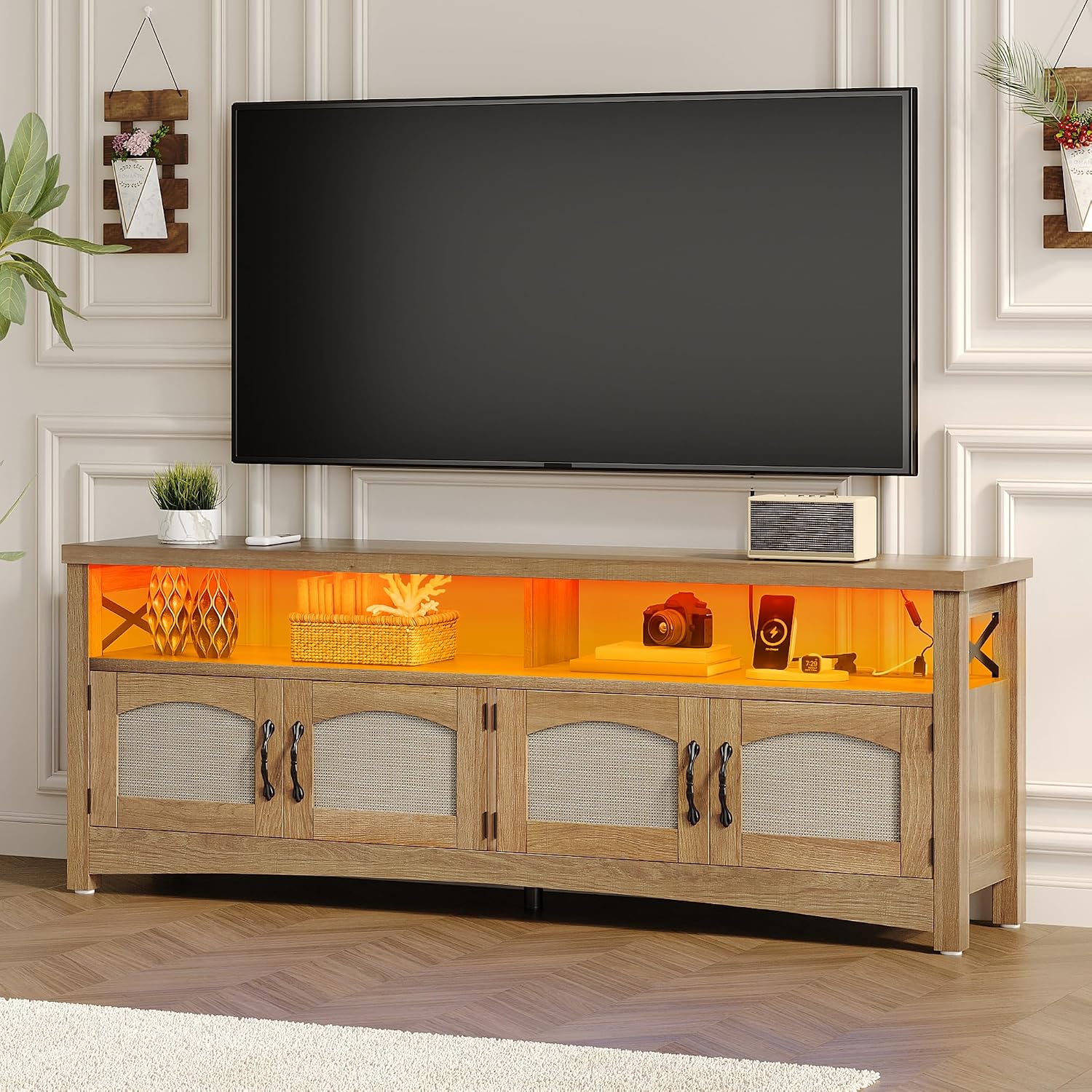 DWVO Farmhouse TV Stand for 65 inch TVs, LED Entertainment Center with Storage, TV Console with Power Outlets, Wooden Bar Coffee TV Table with Shelves for Living Room (Oak)