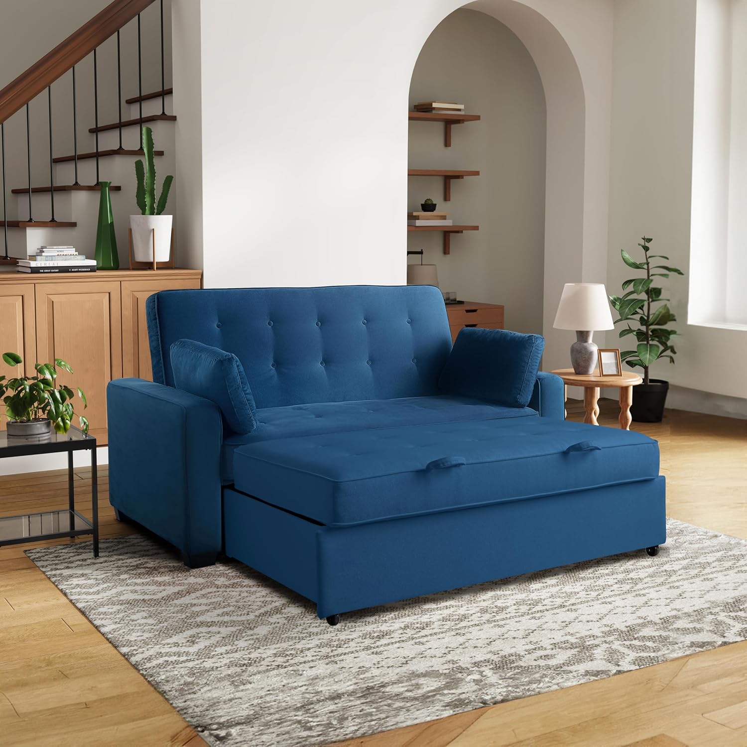 Serta Ainsley 72.6' Convertible Sleeper Sofa, Queen Size, Dreamcoil Comfort, Soft Velvet Fabric, Navy