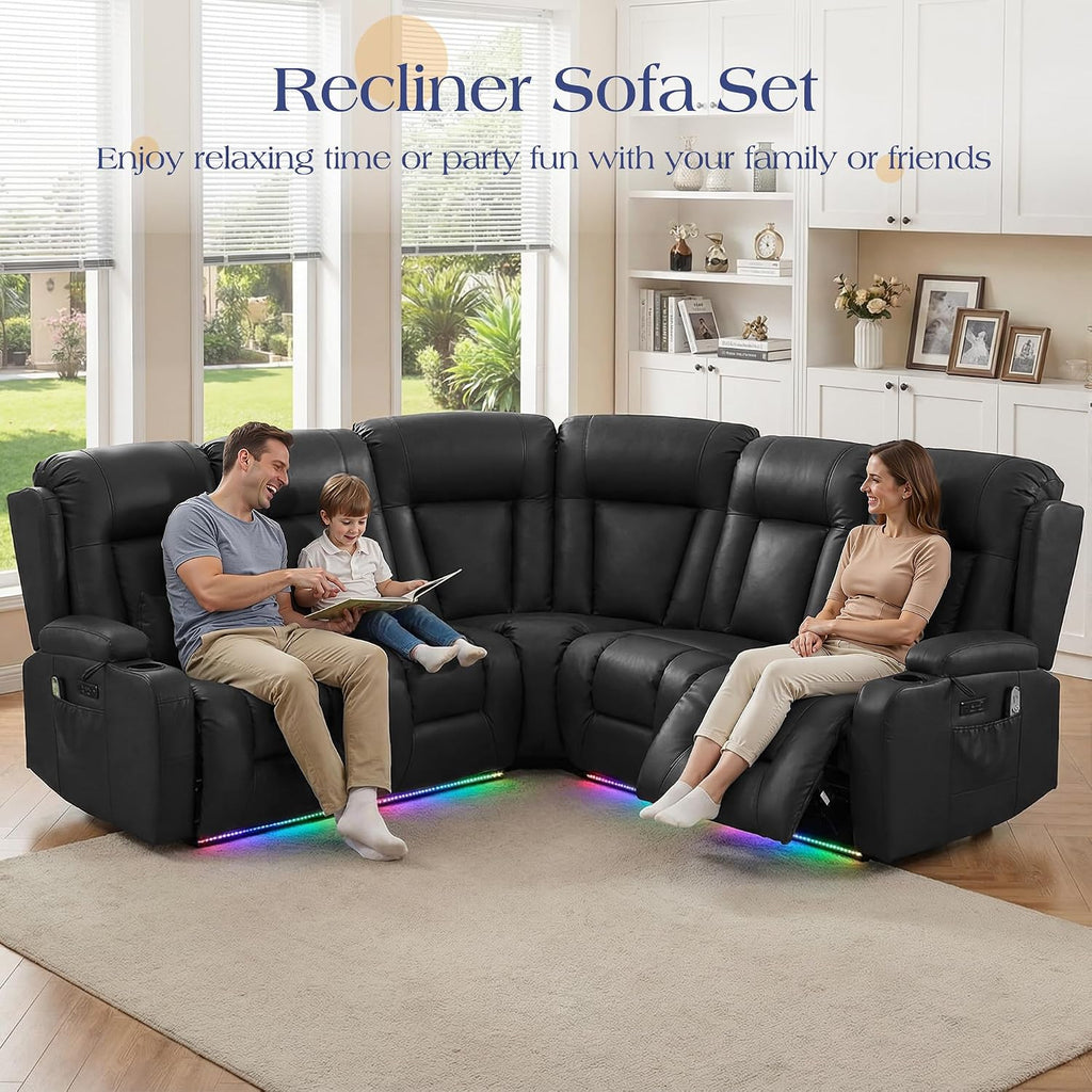 TUNYI Power Loveseat Recliner Sofa with Massage & Heat Home Theater Seating with Console RV Recliner Loveseat Sofa with USB/Storage/Side Pocket/LED Light/Speaker (Black, 4 Seat with Corner)