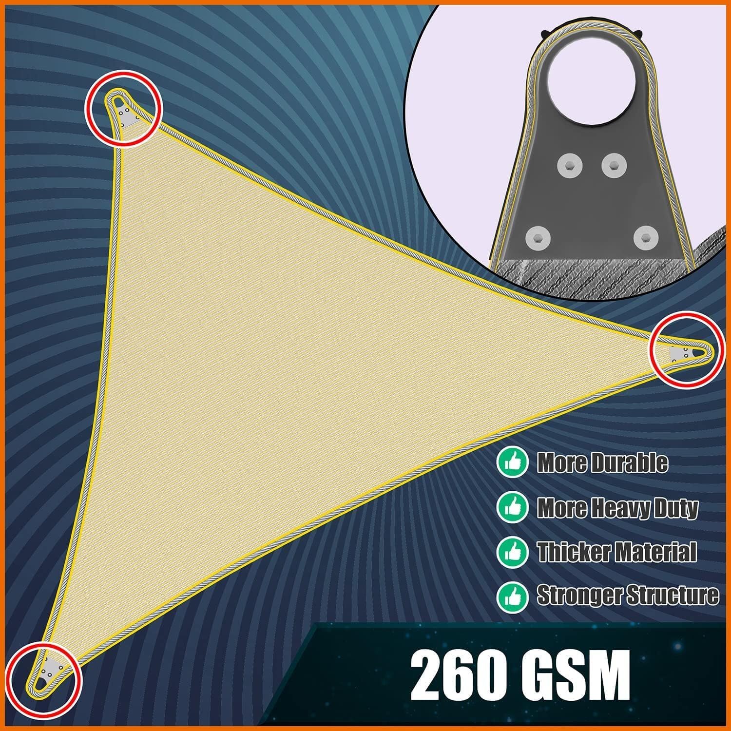 ColourTree Super Ring 20' x 20' x 20' Grey Triangle Sun Shade Sail, Commercial Grade UPF50 Canopy, Reinforced Corners & Edges, 260 GSM Fabric Heavy Duty -5 Years Warranty (We Make Custom Size)