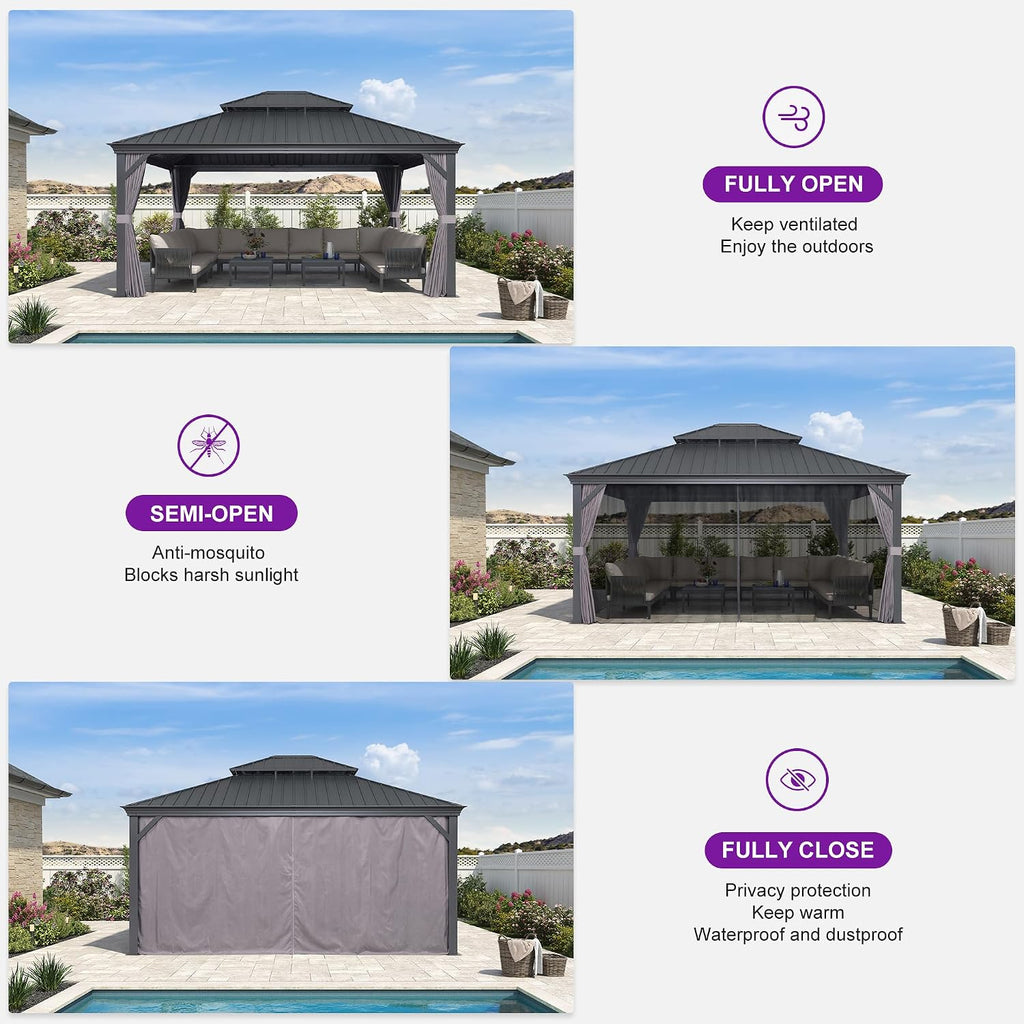 PURPLE LEAF 14' X 16' Outdoor Hardtop Gazebo Aluminum Gazebo with Galvanized Steel Double Roof for Patio Lawn and Garden, Curtains and Netting Included Grey