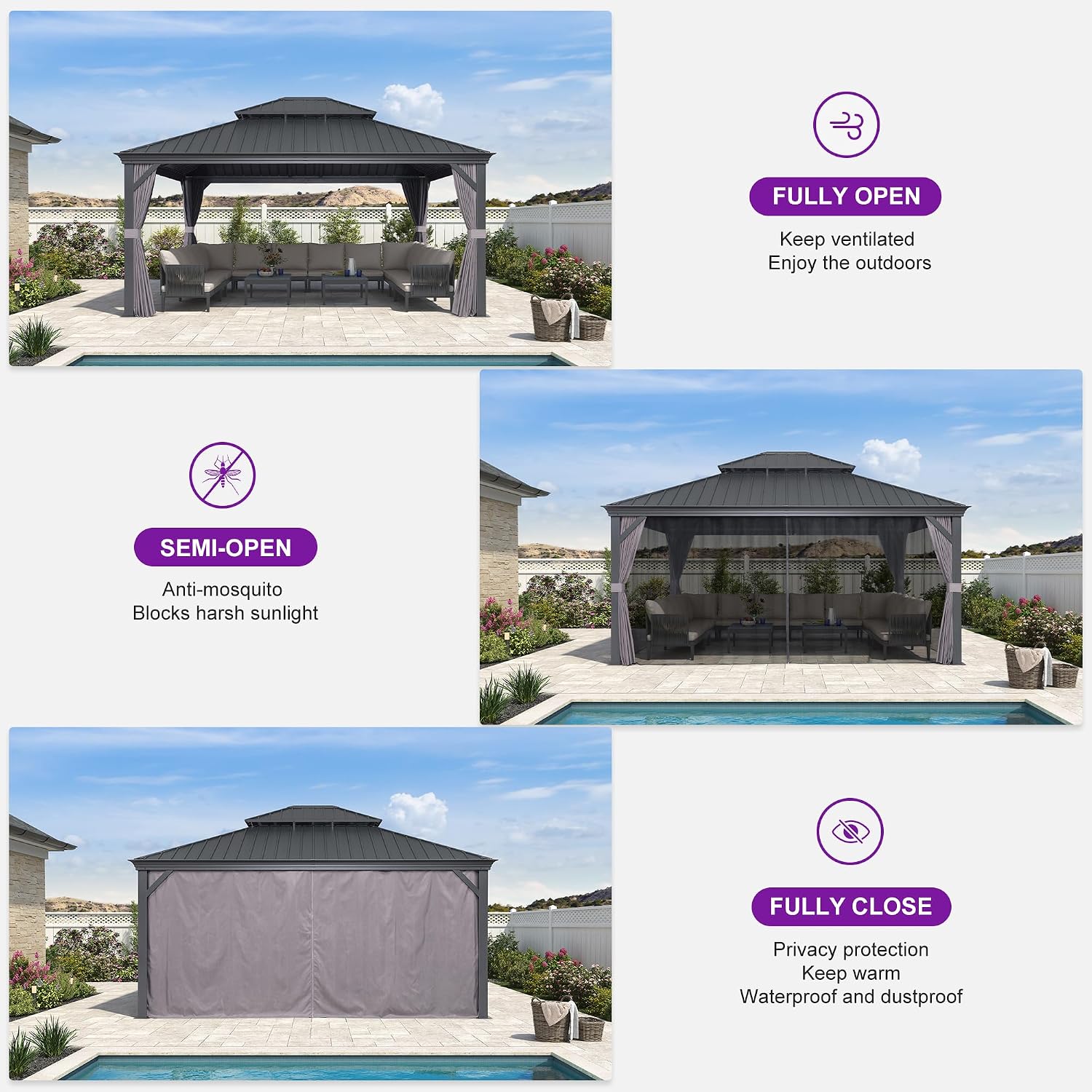 PURPLE LEAF 14' X 16' Outdoor Hardtop Gazebo Aluminum Gazebo with Galvanized Steel Double Roof for Patio Lawn and Garden, Curtains and Netting Included Grey