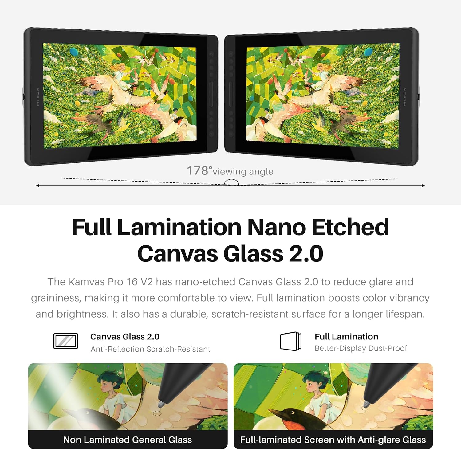 HUION Kamvas Pro 16 V2 Drawing Tablet with Screen 16K Levels PenTech 4.0 Battery-Free Pen, 15.6' Full-Laminated, Smart Touch Bar & 6 Keys Art Tablet Work with Windows, Mac and Linux