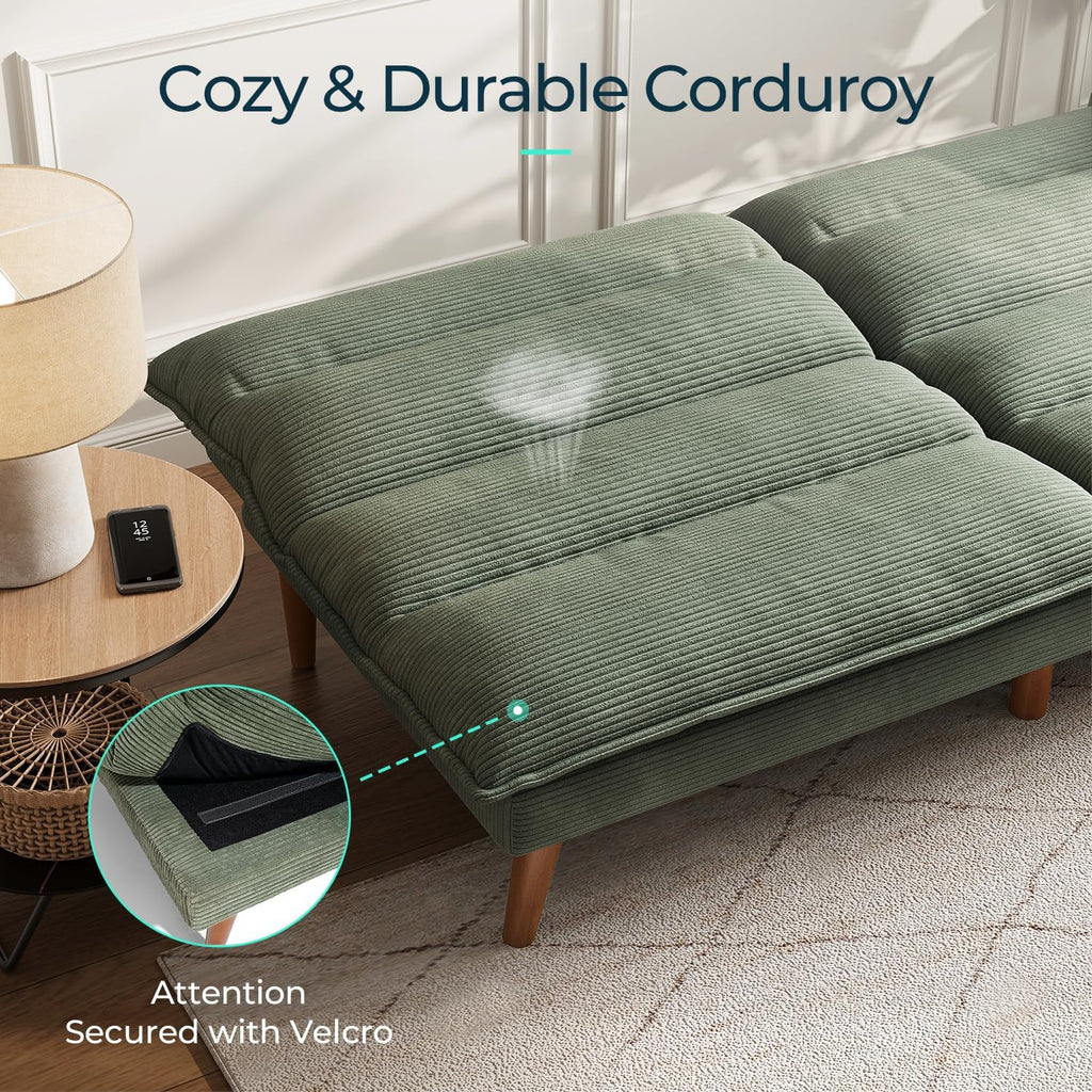 LINSY Futon Sofa Bed: Corduroy Futon Couch with Adjustable Backrest, Comfy Loveseat Convertible Folding Sleeper Sofa Couches for Small Spaces Living Rooms Apartment Office, Green