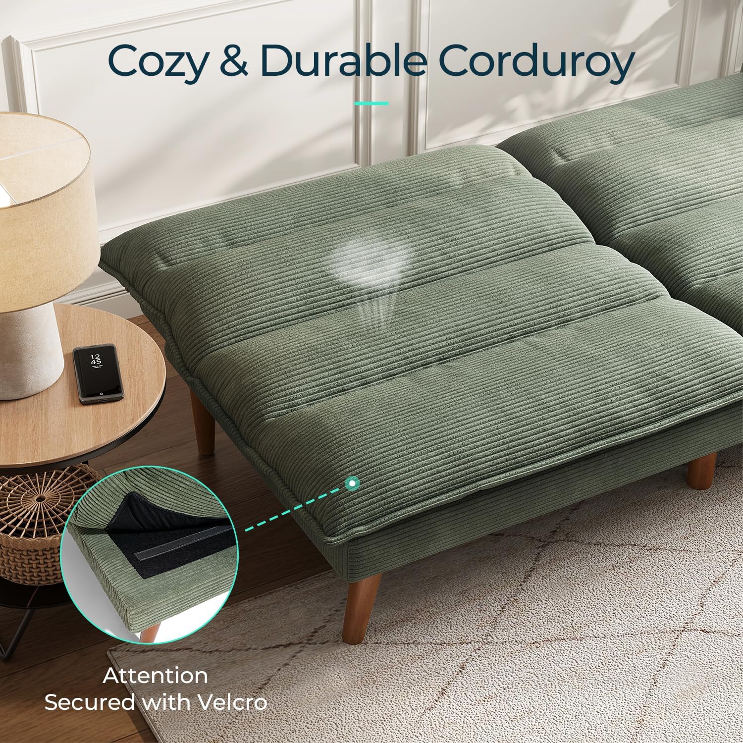 LINSY Futon Sofa Bed: Corduroy Futon Couch with Adjustable Backrest, Comfy Loveseat Convertible Folding Sleeper Sofa Couches for Small Spaces Living Rooms Apartment Office, Green