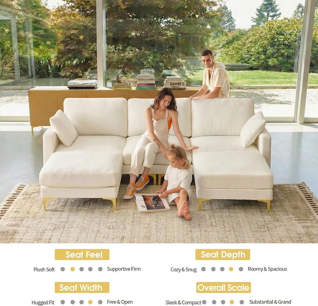 VINGLI 100' W U Shaped Couch with Ottoman, 22' Deep Seat Comfortable Sectional Couches for Living Room, 3 Seater Chenille Fabric Cloud Sofa for Apartment, Small Spaces, Bedroom, Beige
