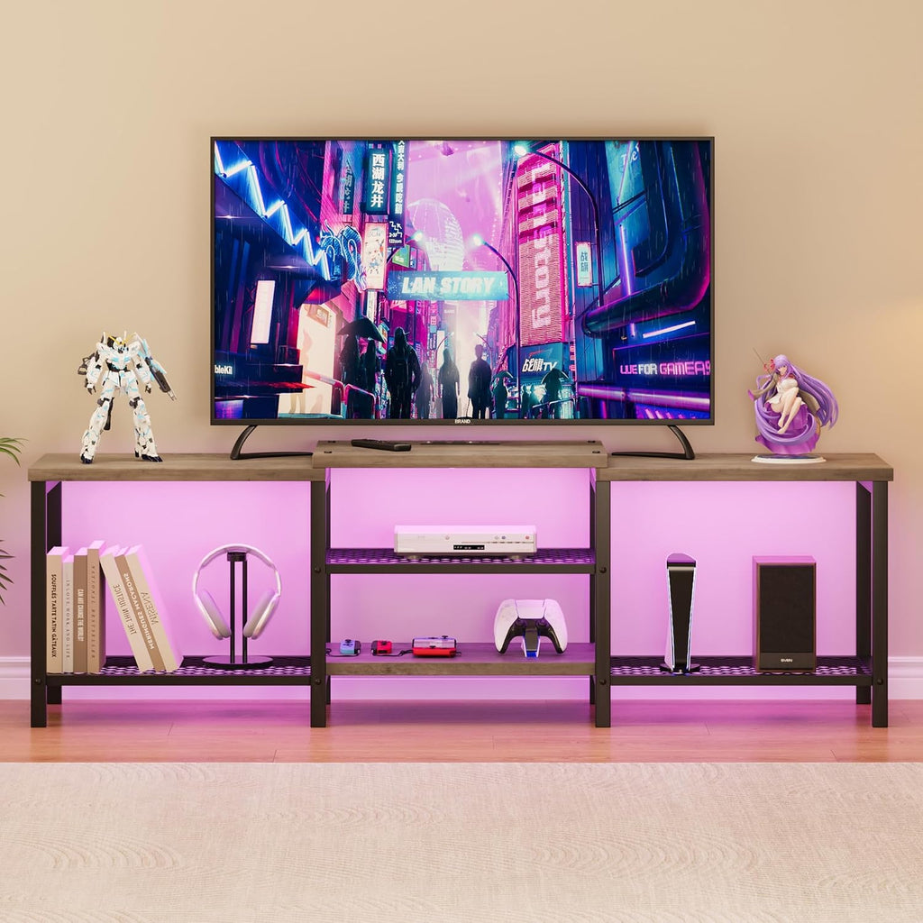 GAOMON TV Stand for TVs Up to 75 Inch, Entertainment Center with Power Outlet and LED Lights Open Storage Shelves, Media Console for Living Room, Bedroom, Grey