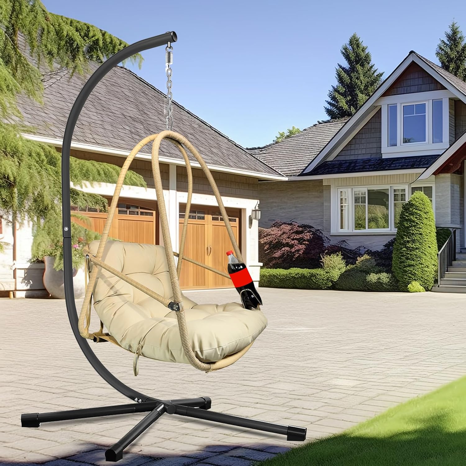 JESE Swing Egg Chair with Stand Foldable Frame Hanging Chairs for Indoor Outside,with UV Resistant Waterproof Cushion and Cup Holder,Swing Hammock Chairs for Patio,Bedroom,Balcony, Garden-350lbs Khaki