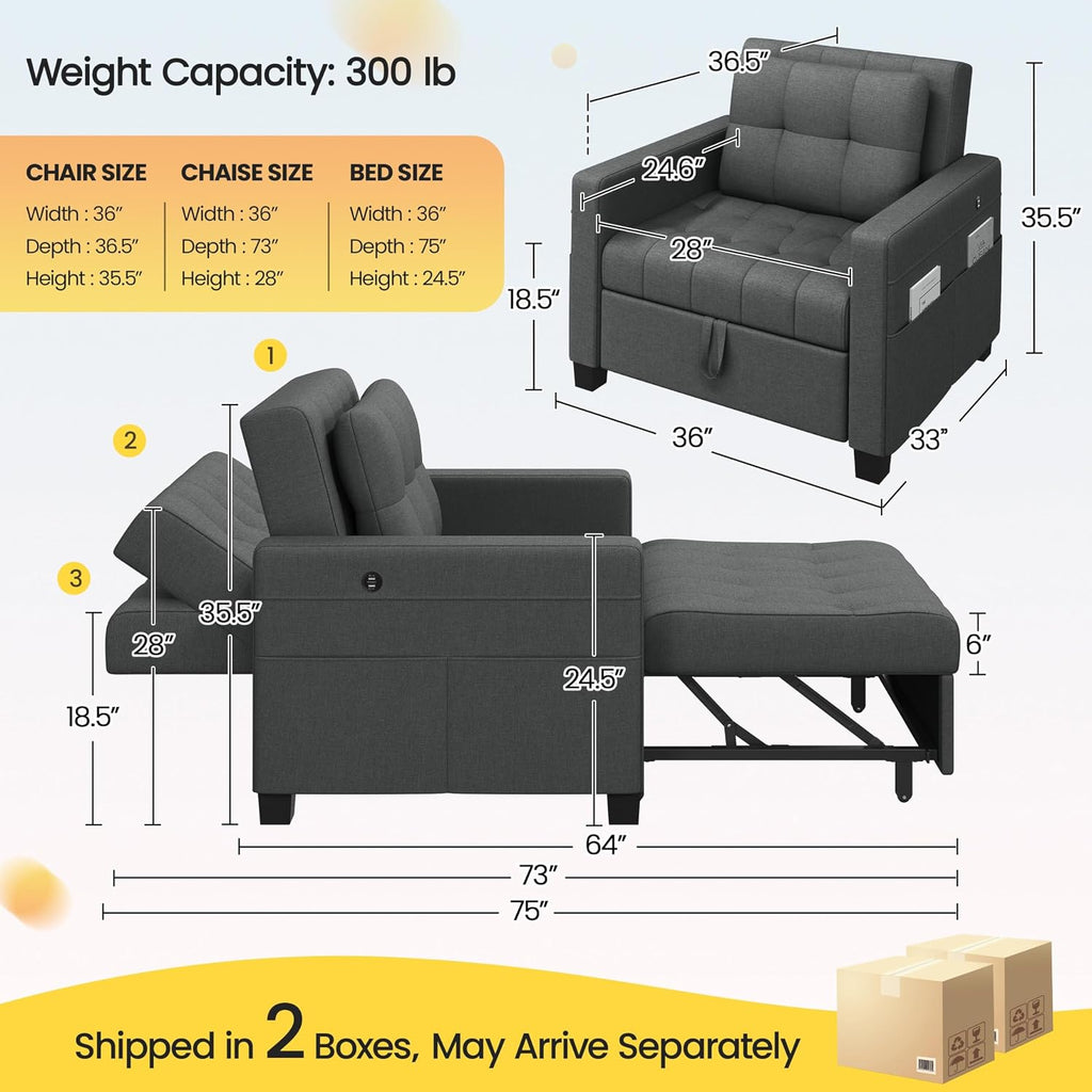 Yaheetech Sleeper Chair Convertible Chair Bed Fabric Futon Sofa Bed 3-in-1 Adjustable Sleeper Couch with 2 USB Ports for Living Room Limited Space Office Apartment, Dark Gray