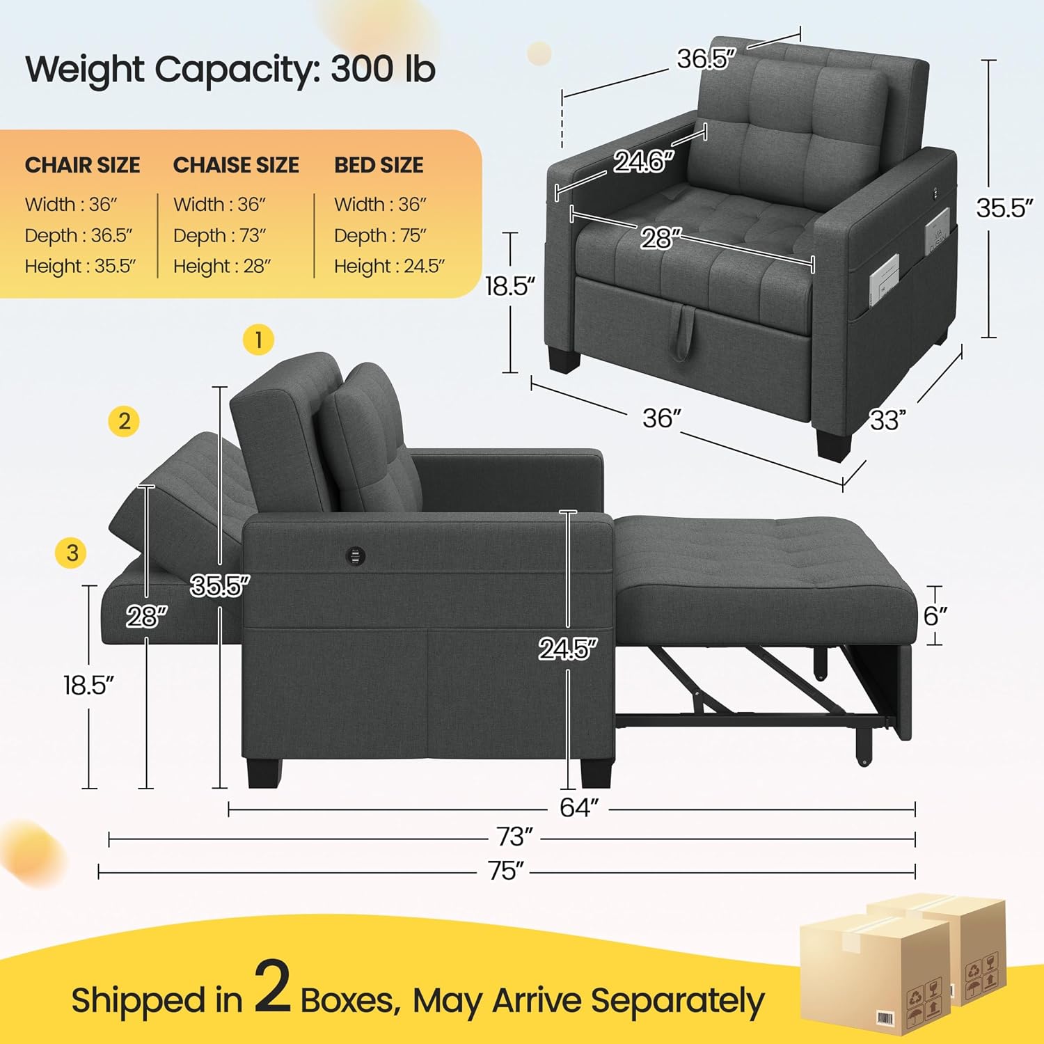 Yaheetech Convertible Futon Sofa Bed 3-in-1 Sleeper Chair Bed Tufted Couch with Adjustable Backrest, 2 USB Ports for Living Room Bedroom Small Space, Dark Gray