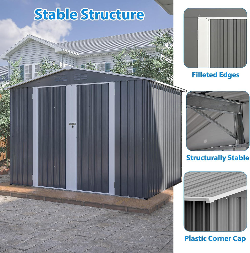 8 x 6 FT Outdoor Storage Shed, Metal Garden Shed with Floor Frame, Tool Shed Outdoor Storage with Lockable Hinged Doors & Air Vents, Storage House Waterproof for Backyard, Lawn, Gray