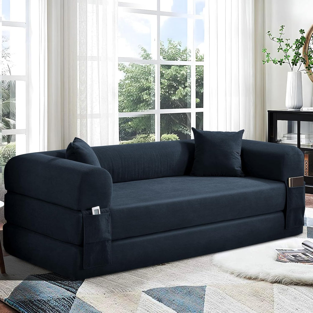 KBQ 3-Seat Convertible Sleeper Sofa Bed with 2 Pillows, Corduroy Folding Mattress Couch, Floor Sofa Lounge Couch for Living Room Bedroom Lounge Studio, Deep Blue