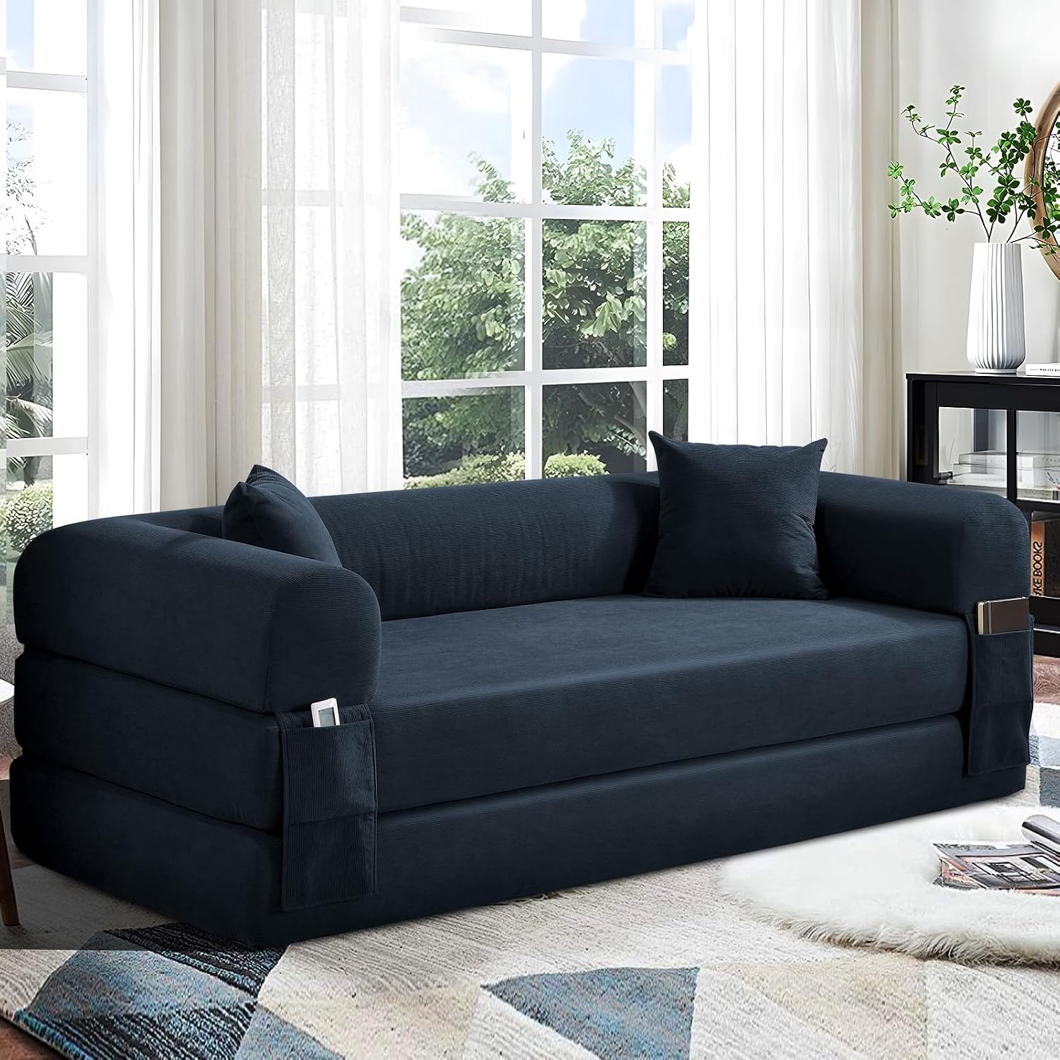 KBQ 3-Seat Convertible Sleeper Sofa Bed with 2 Pillows, Corduroy Folding Mattress Couch, Floor Sofa Lounge Couch for Living Room Bedroom Lounge Studio, Deep Blue