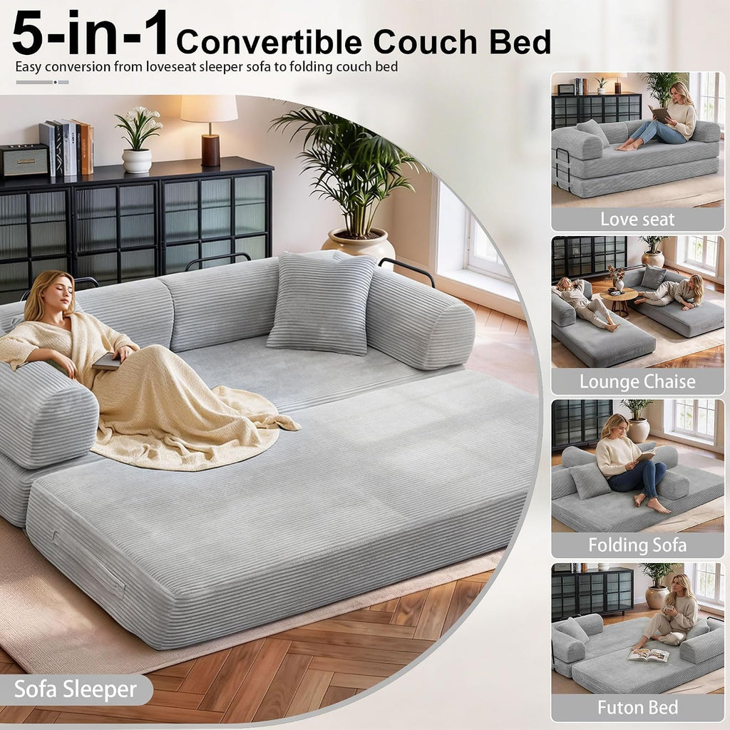 JJJ 89 inch Sofa Bed 4-in-1 Boneless Convertible Corduroy Sleeper Folding Couch with Fixed-Shape Frame and 2 Futons No Assemble Required 3 Seater Upholstered for Living Room (Light Grey, 89 inch)