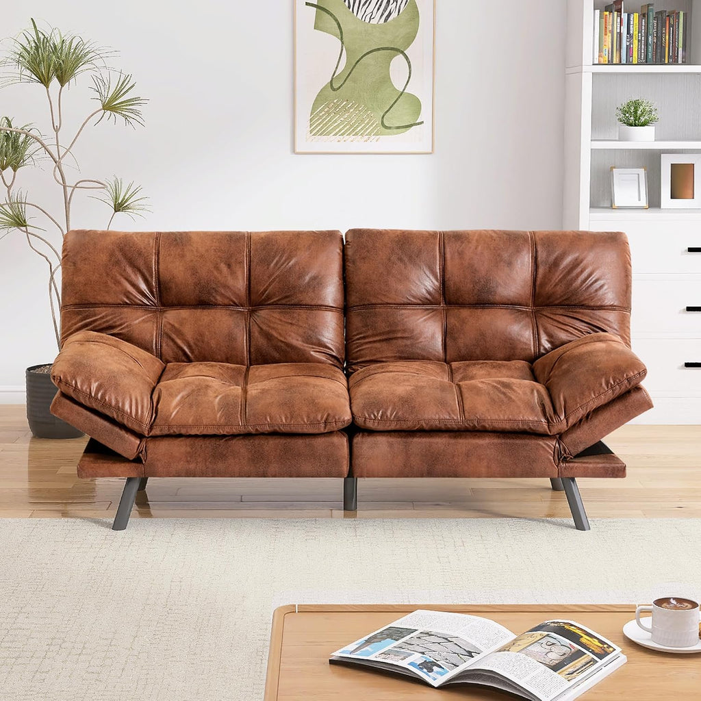71' Convertible Futon Sofa,Faux Leather Futon Couch Bed,Sleeper Sofa Bed,Memory Foam Modern Folding Small Loveseat for Living Room,Office,Apartment,Classic Brown