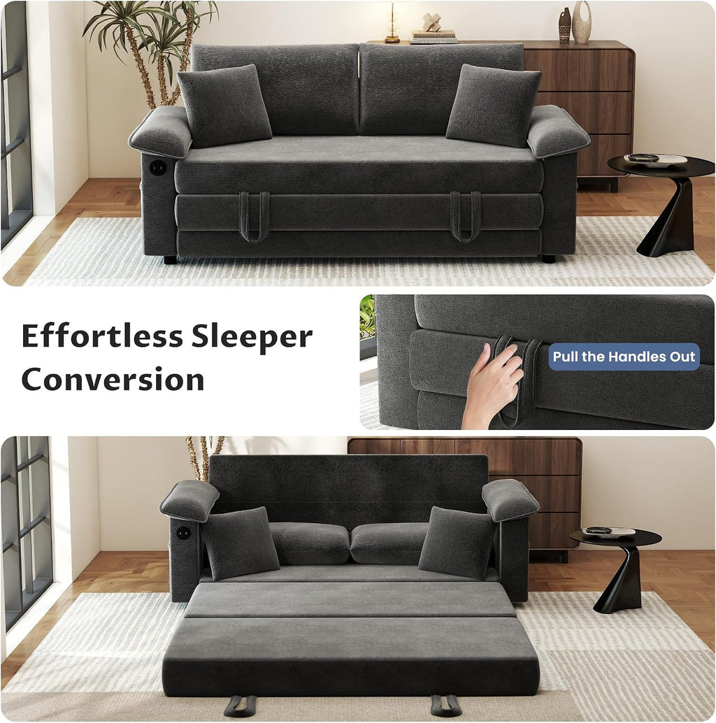 SUNWAVE 77' Sleeper Sofa Convertible Sofa Bed with USB Ports & Side Pockets, Chenille Loveseat Pull Out Couch with Full Size Sleeping Area, Folding Sofa Bed for Living Room & Small Spaces (Black)