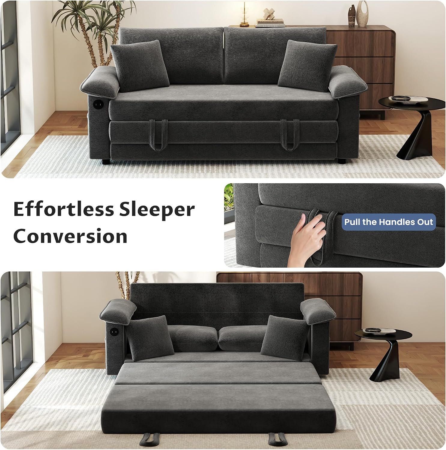 SUNWAVE 77' Sleeper Sofa Convertible Sofa Bed with USB Ports & Side Pockets, Chenille Loveseat Pull Out Couch with Full Size Sleeping Area, Folding Sofa Bed for Living Room & Small Spaces (Black)