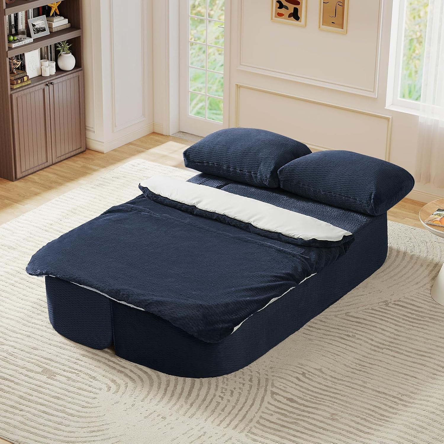 Futon Sofa Bed with Blanket, Convertible Folding Boneless Compressed Faux Fur Memory Foam Floor Loveseat Sleeper Sofa Couch Full Size Bed with Pillows for Guest Room Living Room Small Space, Blue