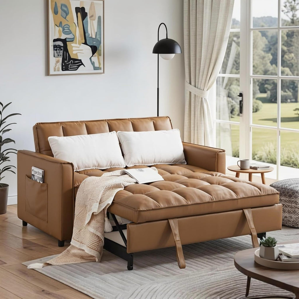3 in 1 Convertible Sofa Bed, Love Seat Sleeper Bed with Side Pockets, PU Fabric Pull Out Couch with Adjustable Backrest for Living Room, Bedroom, Apartment, Brown