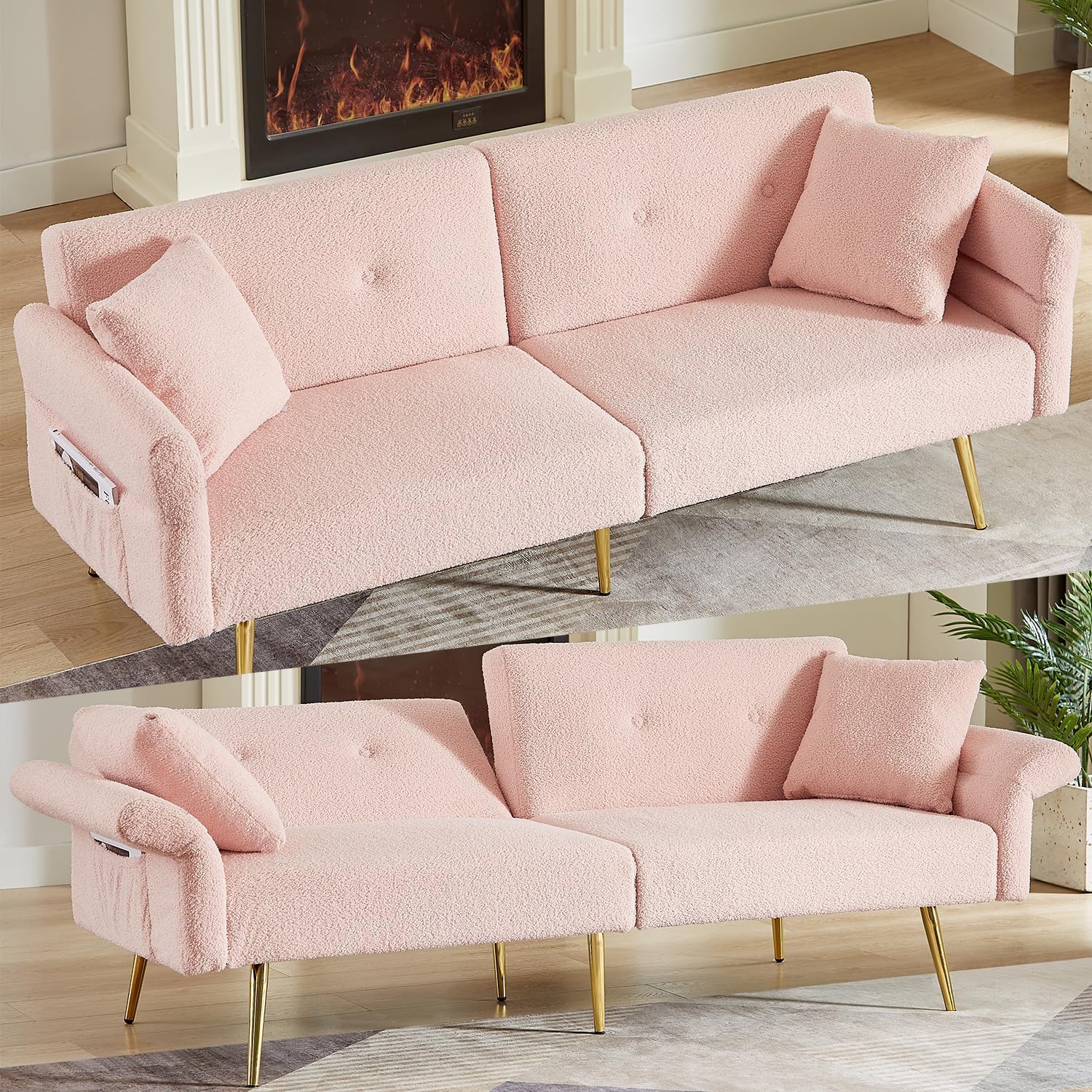 69.5'Pink Convertible Futon Sofa Bed with Adjustable Backrest and Armrests, Teddy Upholstered Loveseat Sleeper Couch with 2 Pillows and Metal Legs Love Seat for Guest Room Living Room (Pink)