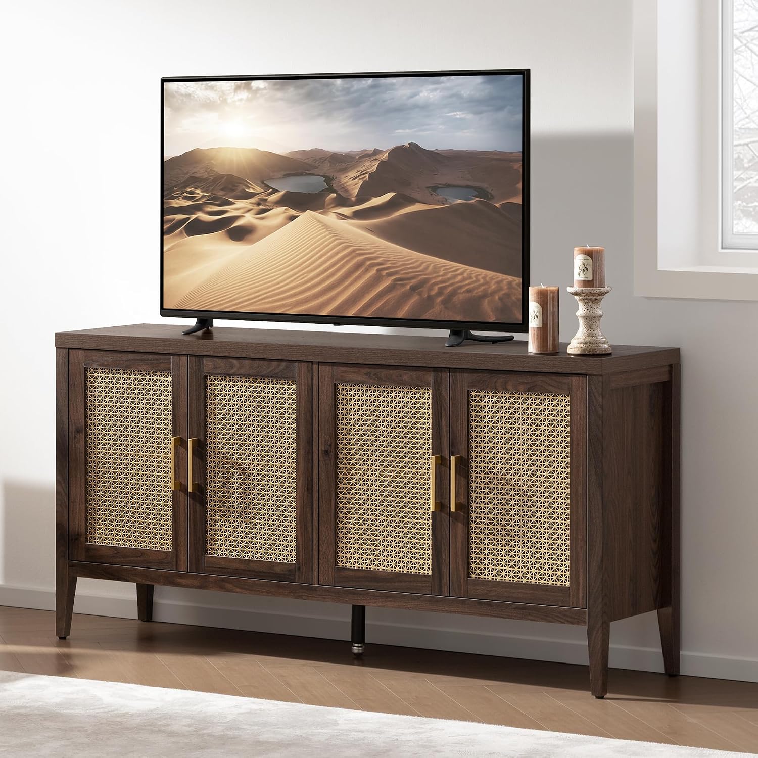 SICOTAS TV Stands for Living Room-Entertainment Center with Storage for Bedroom-Mid Century Modern Television Stands with 4 Doors 59' Media Console TV Cabinet Credenza for 45 50 55 60 65 Inch TVs