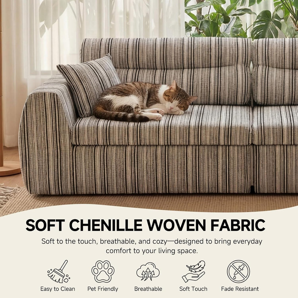 111' Modular Boneless Couch for Living Room, Pet Friendly Chenille Woven Sofa, Split-to-2 Chairs or Lounge Setup, 2-Piece Compressed Sofa in a Box, No Assembly, 1200 lb Total,Black & White