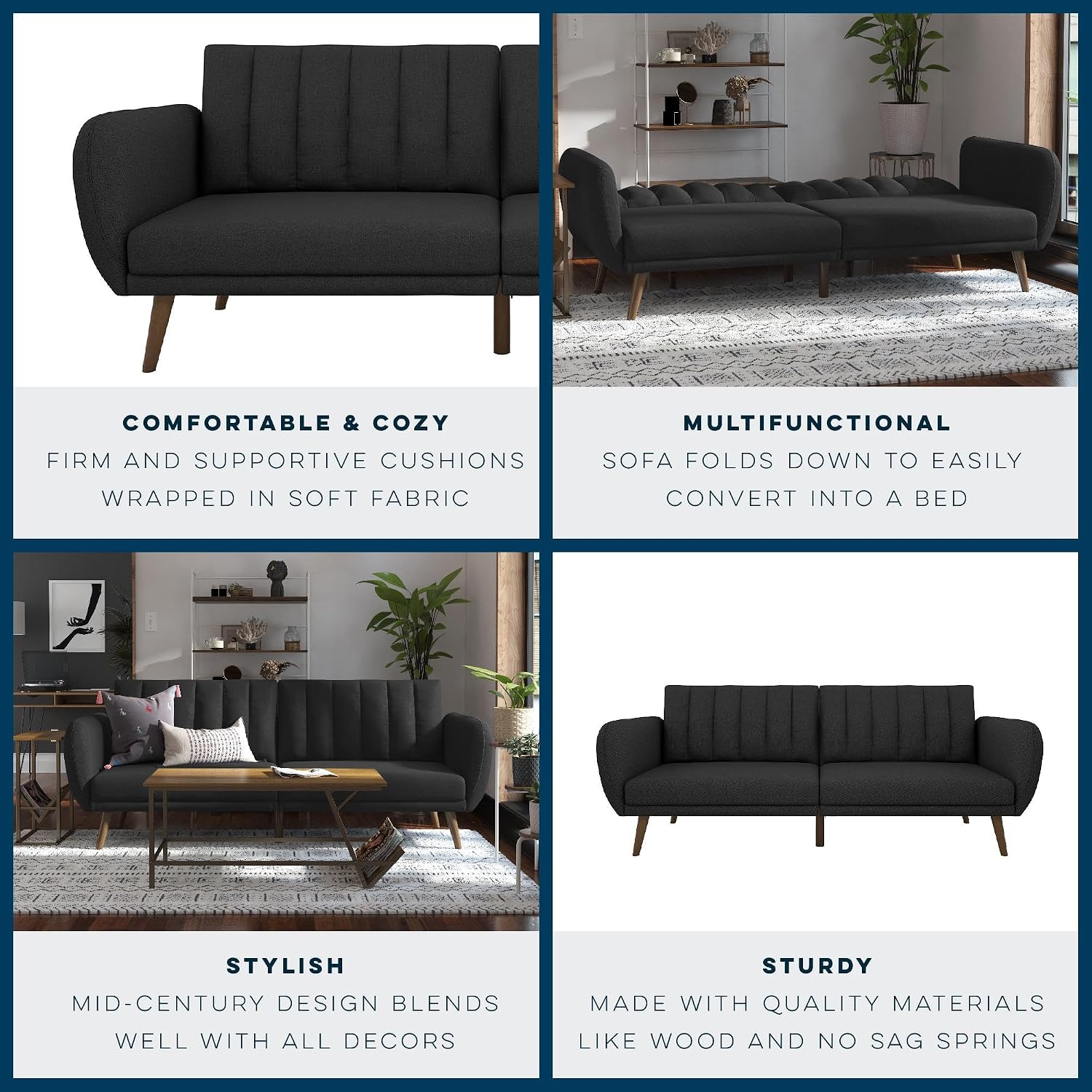 Novogratz Brittany 82 Inch Futon Sofa Bed in Faux Leather, Upholstered Couch Sleeper with Tufted Back, Mid-Century Modern Design, Dark Gray