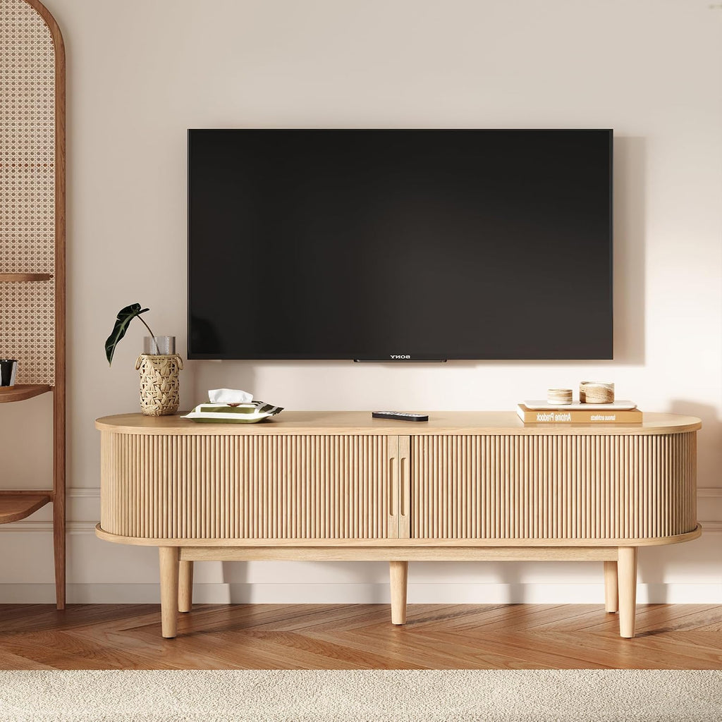 LINSY HOME 58' Fluted TV Stand for TVs up to 65 Inch, Mid Century Modern Entertainment Center with Storage Cabinet and Sliding Doors, Farmhouse Wood Media TV Console for Living Room, Bedroom, Oak