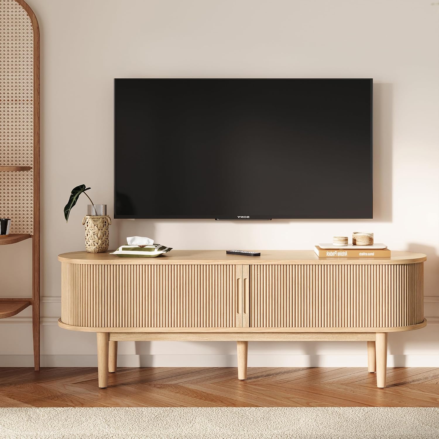 LINSY HOME 58' Fluted TV Stand for TVs up to 65 Inch, Mid Century Modern Entertainment Center with Storage Cabinet and Sliding Doors, Farmhouse Wood Media TV Console for Living Room, Bedroom, Oak
