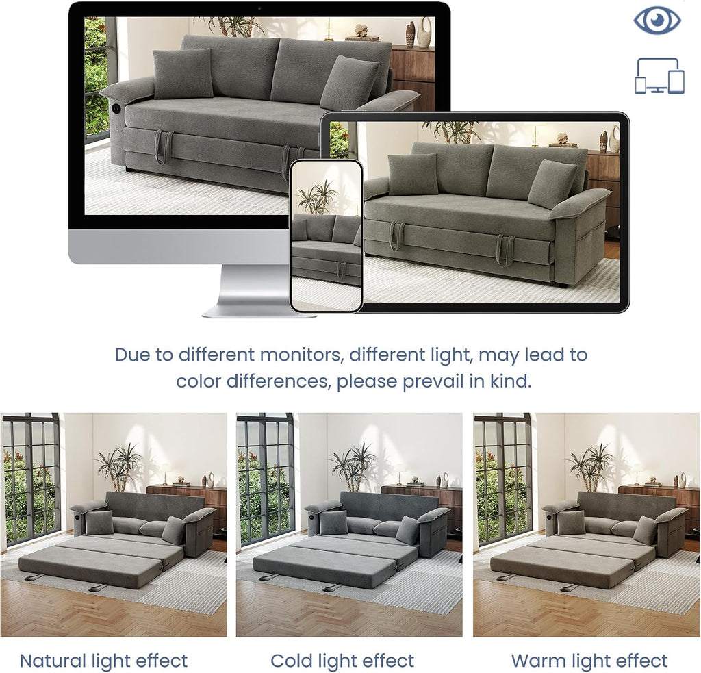 SUNWAVE 77' Sleeper Sofa Convertible Sofa Bed with USB Ports & Side Pockets, Chenille Loveseat Pull Out Couch with Full Size Sleeping Area, Folding Sofa Bed for Living Room & Small Spaces (Gray)