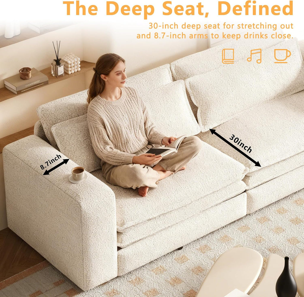 93' King Pull Out Sofa Bed, Teddy Sleeper Sofa Couch, Modern Wide Armrest, 3 in 1 Convertible Futon Couches for Living Room, Small Space, Apartment, Bedroom, Office, Beige